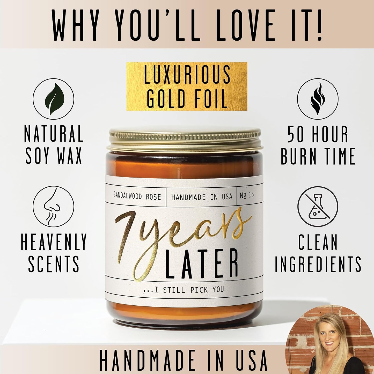 7 Year Gift for Anniversary for Her - '7 Years Later' Soy Candle, w/Sandalwood Rose - Infused w/Essential Oils I 7th Anniversary Wedding Gift for Wife I 50Hr Burn I USA Made