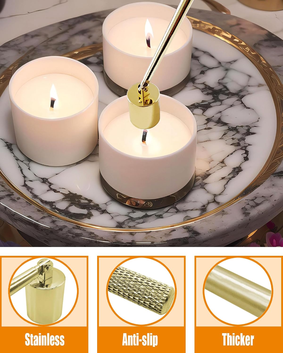 YOUTUOY 4 in1 Candle Accessory Set with Rechargeable Candle Lighter, Candle Wick Trimmer, Candle Wick Snuffer, Candle Wick Dipper, Candle Care Kit (Gold)