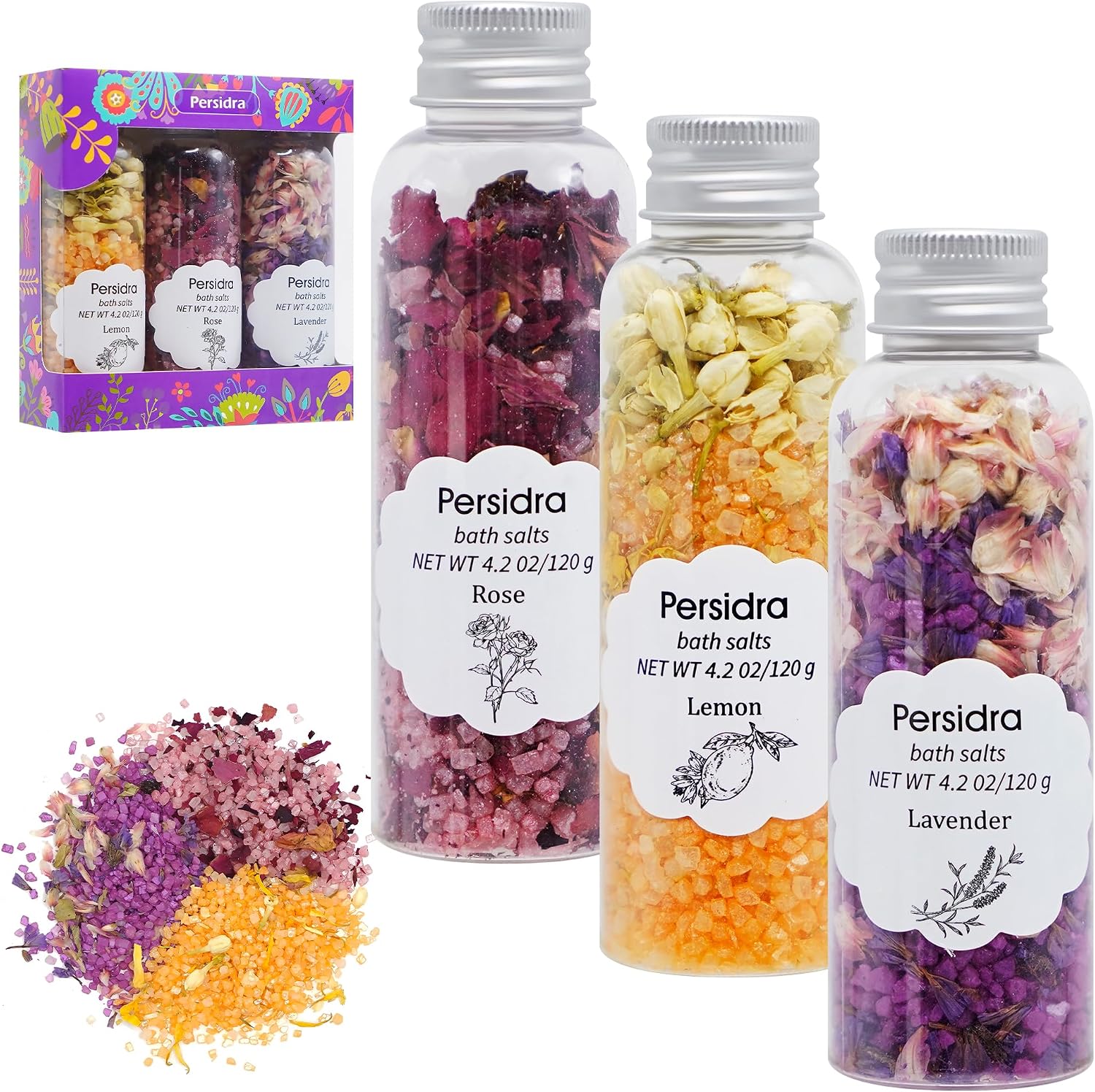 Bath Salts for Women Relaxing, Epsom Salt Gift Set, Anniversary Birthday Gifts, 3 Individual Pack, Spa Bath & Foot Soak, Organic with Dried Flower, Essential oil, Lavender, Rose & Lemon Scent, 12.7 oz