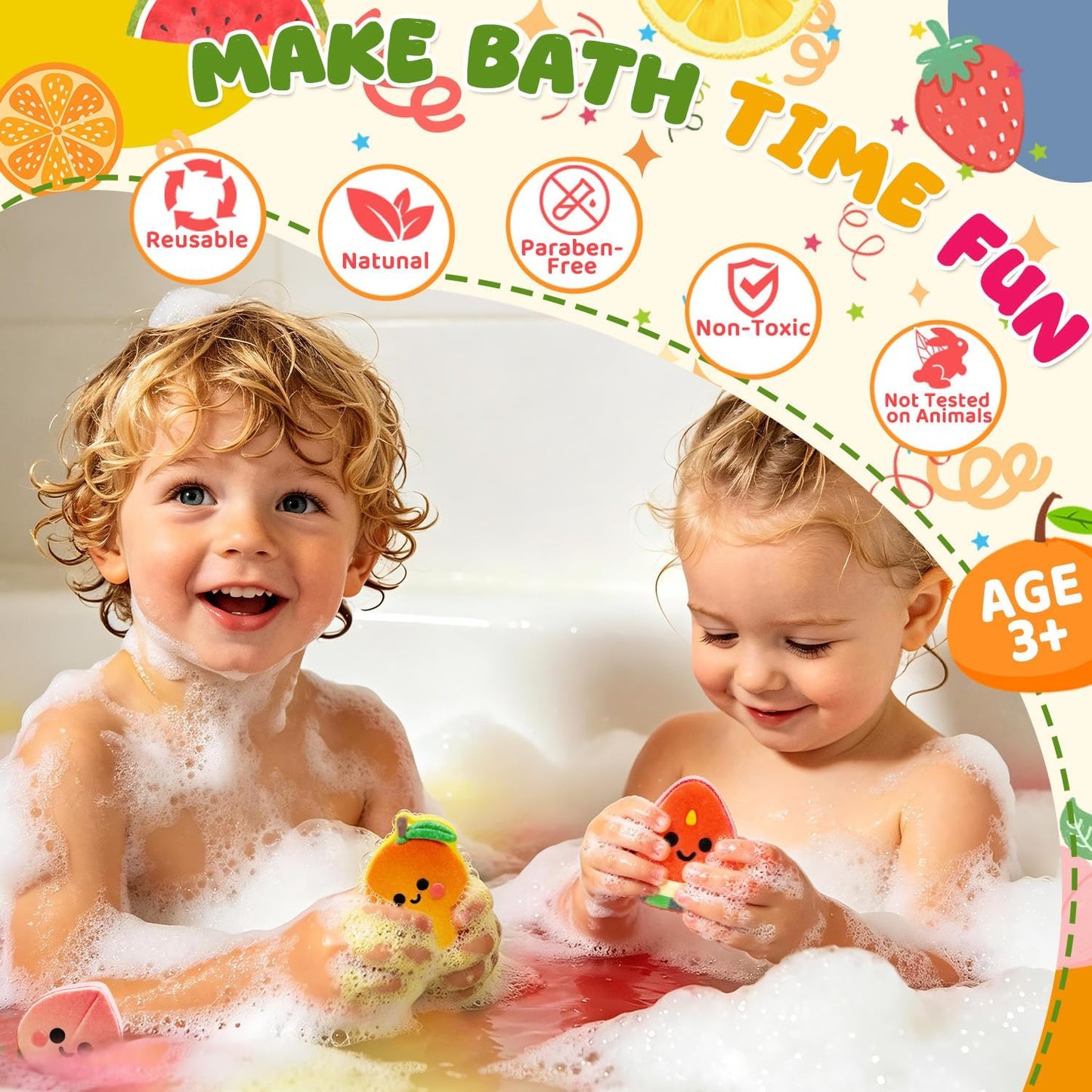 Bath Bombs for Kids Fruit Themed, STEM 6 Pack Natural Organic Handmade Kids Bath Bomb, Gentle Skin-Friendly Bath Toys for Boys Girls, Children Daily Reward & Birthday Gift