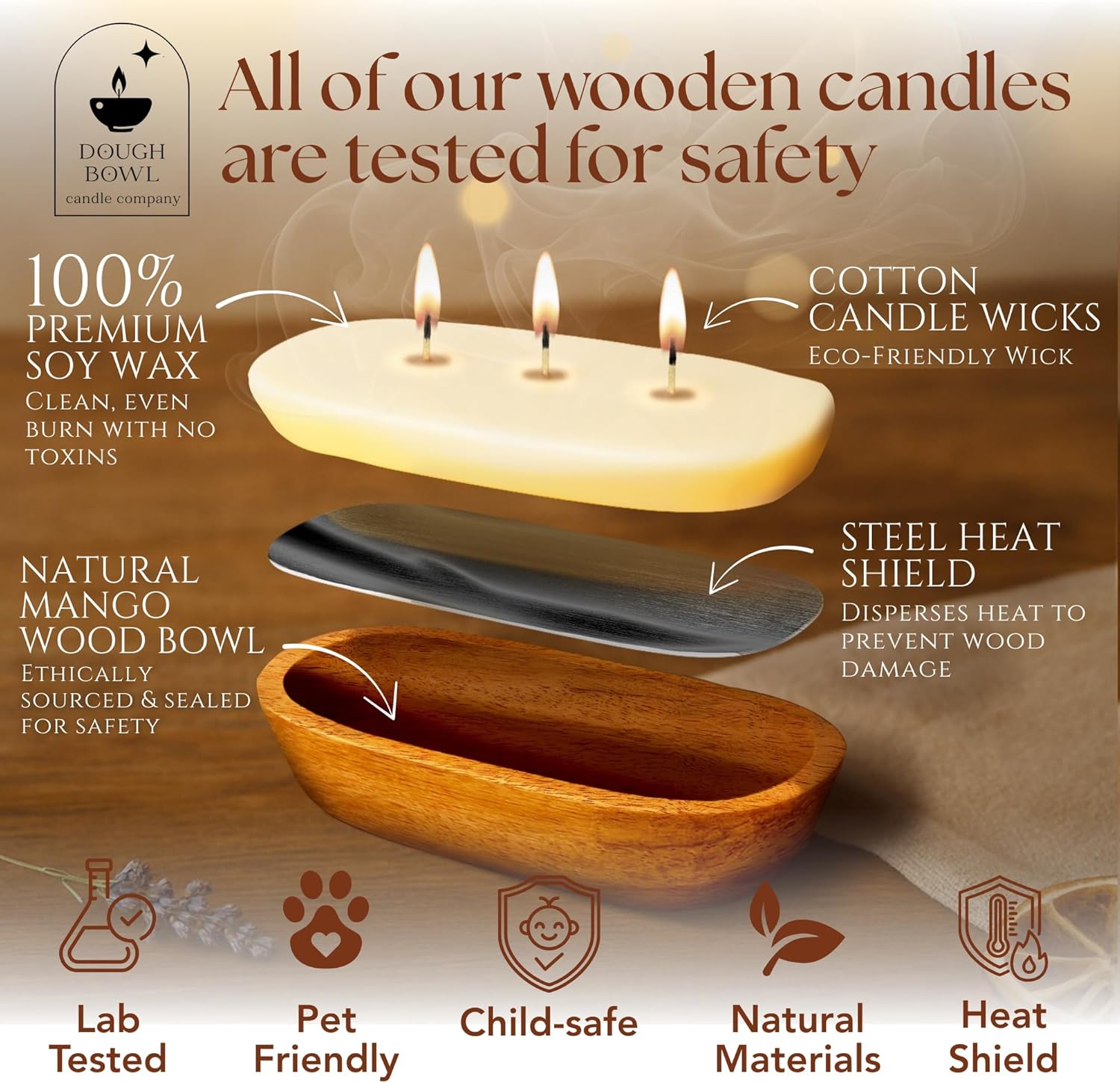 Dough Bowl Candle Co. Wooden Bowl Candle - 20 Oz. 10x6x2 3-Wick Large Lavender Soy Candles for Home Scented, Long Lasting Aromatherapy for Women and Men with Up to 40H Burn Time, Decoration Gifts
