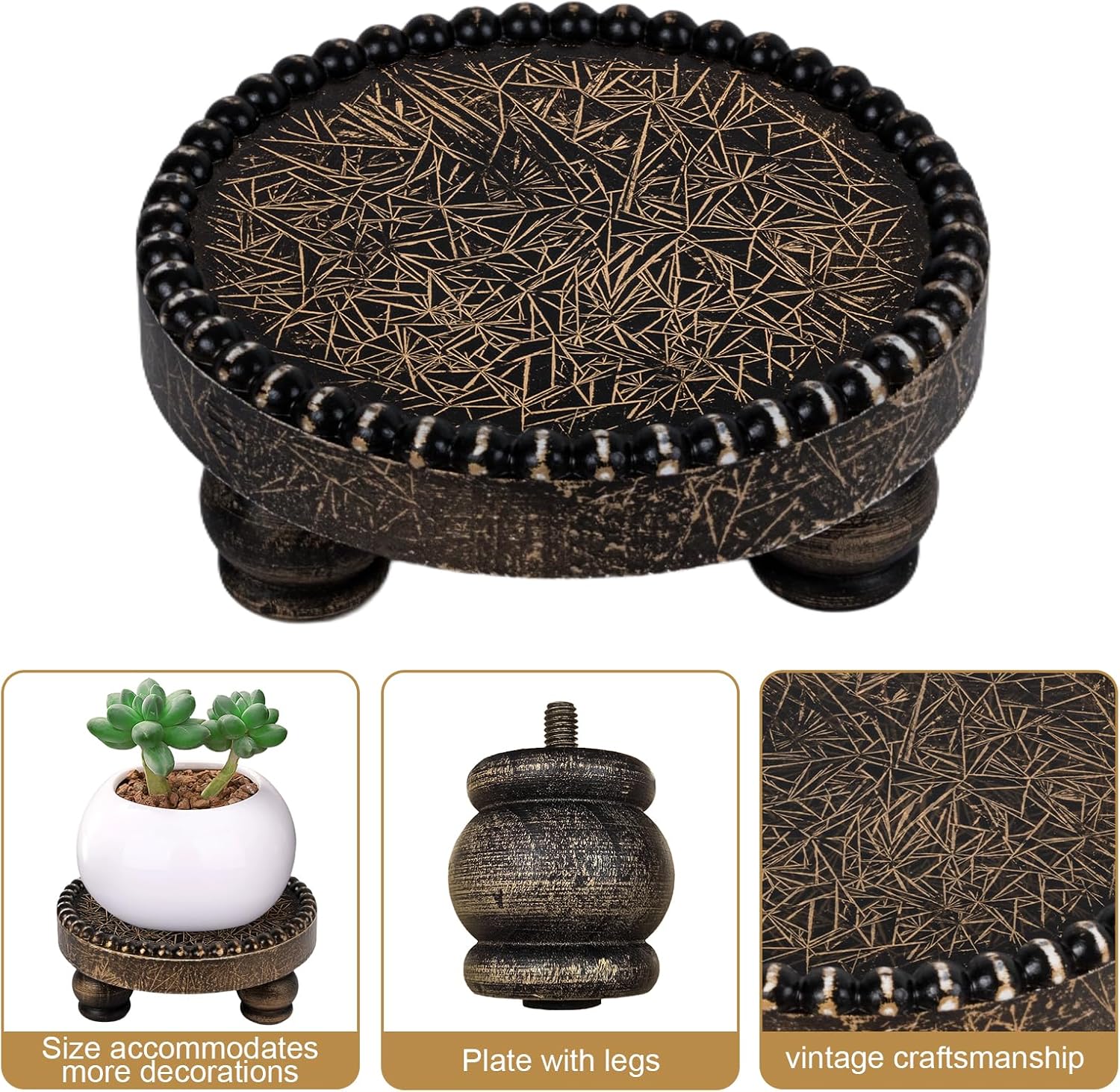 Farmhouse Round Wood Tray Riser, Pedestal Stand with Beaded Edge, Rustic Wooden Candle Trays Decor for Tiered Tray, Candle, Mug Display Decorative, Table Centerpiece, Black Gold