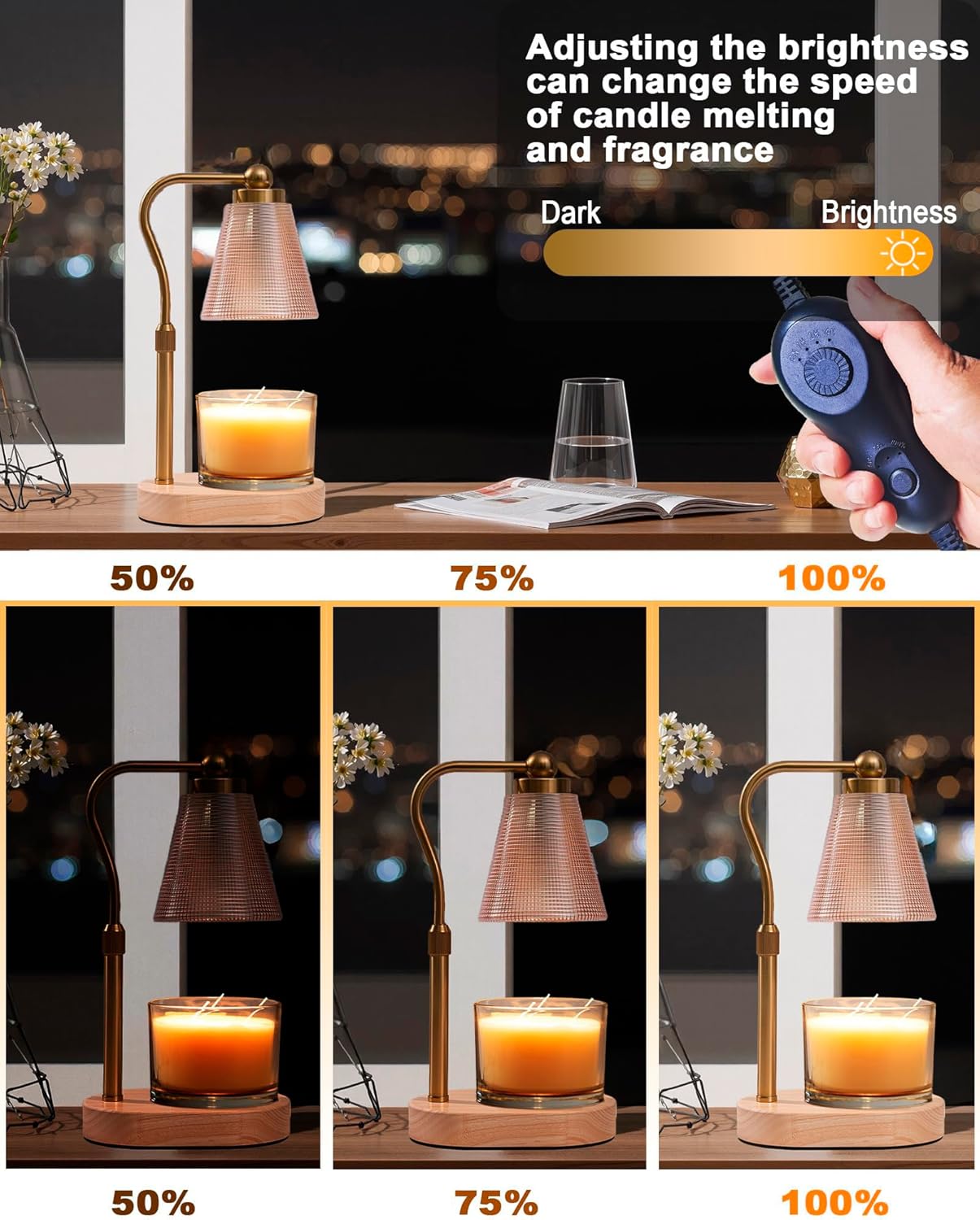 Candle Warmer Lamp with Timer - Adjustable Height & Brightness - Wood Base Glass Shade - 2 Bulbs Included(Oval Gold)