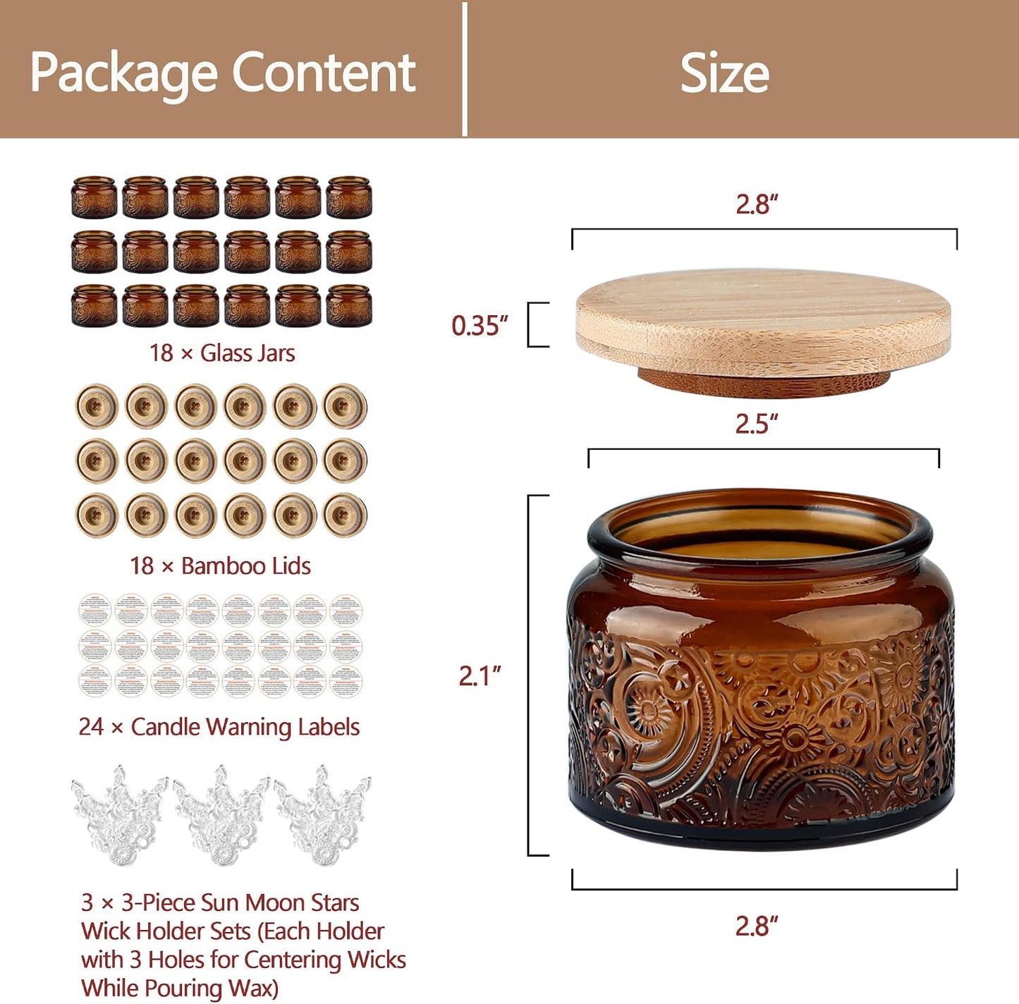 4 oz Mocha Sun Moon Stars Candle Jars with Bamboo Lids, 18 Pack | Patented Embossed Design, Includes Wick Centering Devices & Warning Labels, Multiple Color Options