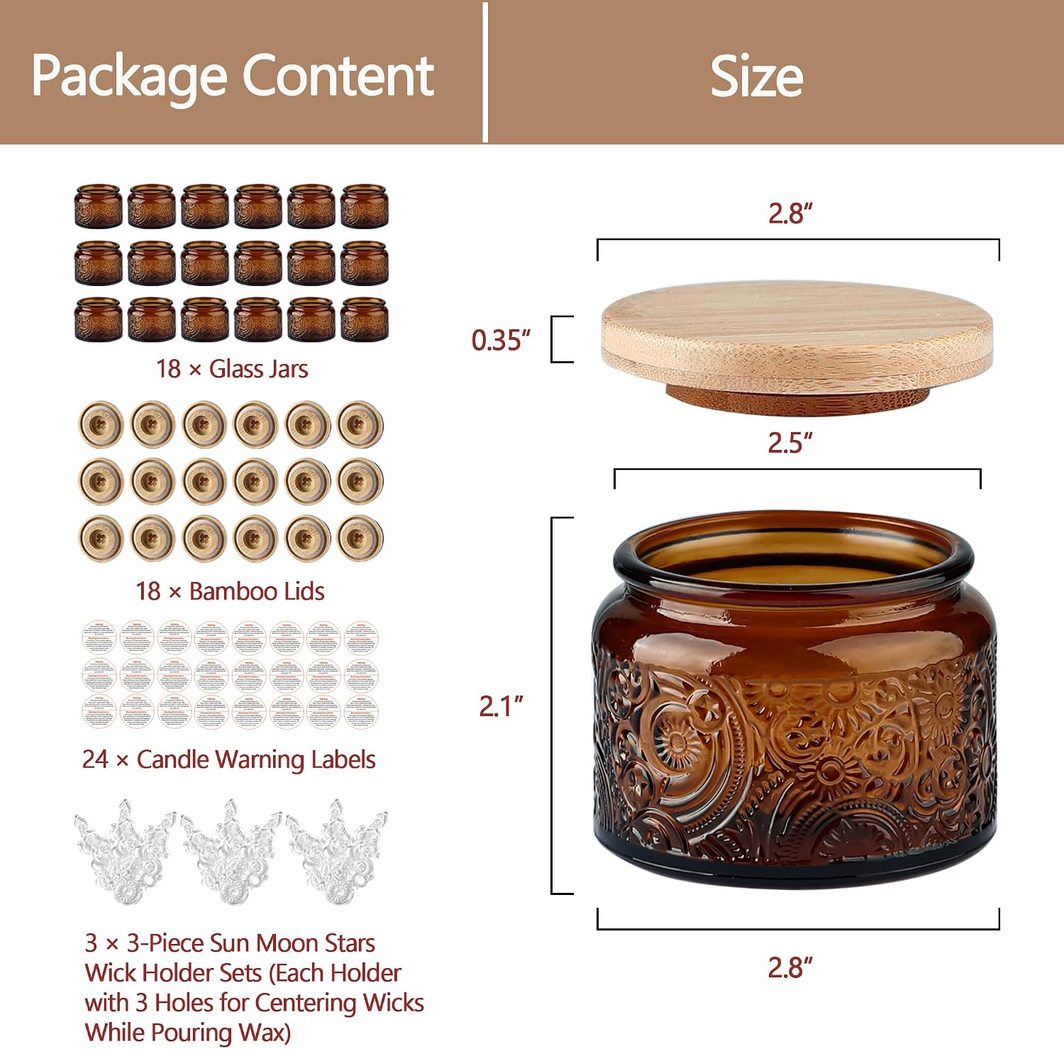 4 oz Mocha Sun Moon Stars Candle Jars with Bamboo Lids, 18 Pack | Patented Embossed Design, Includes Wick Centering Devices & Warning Labels, Multiple Color Options