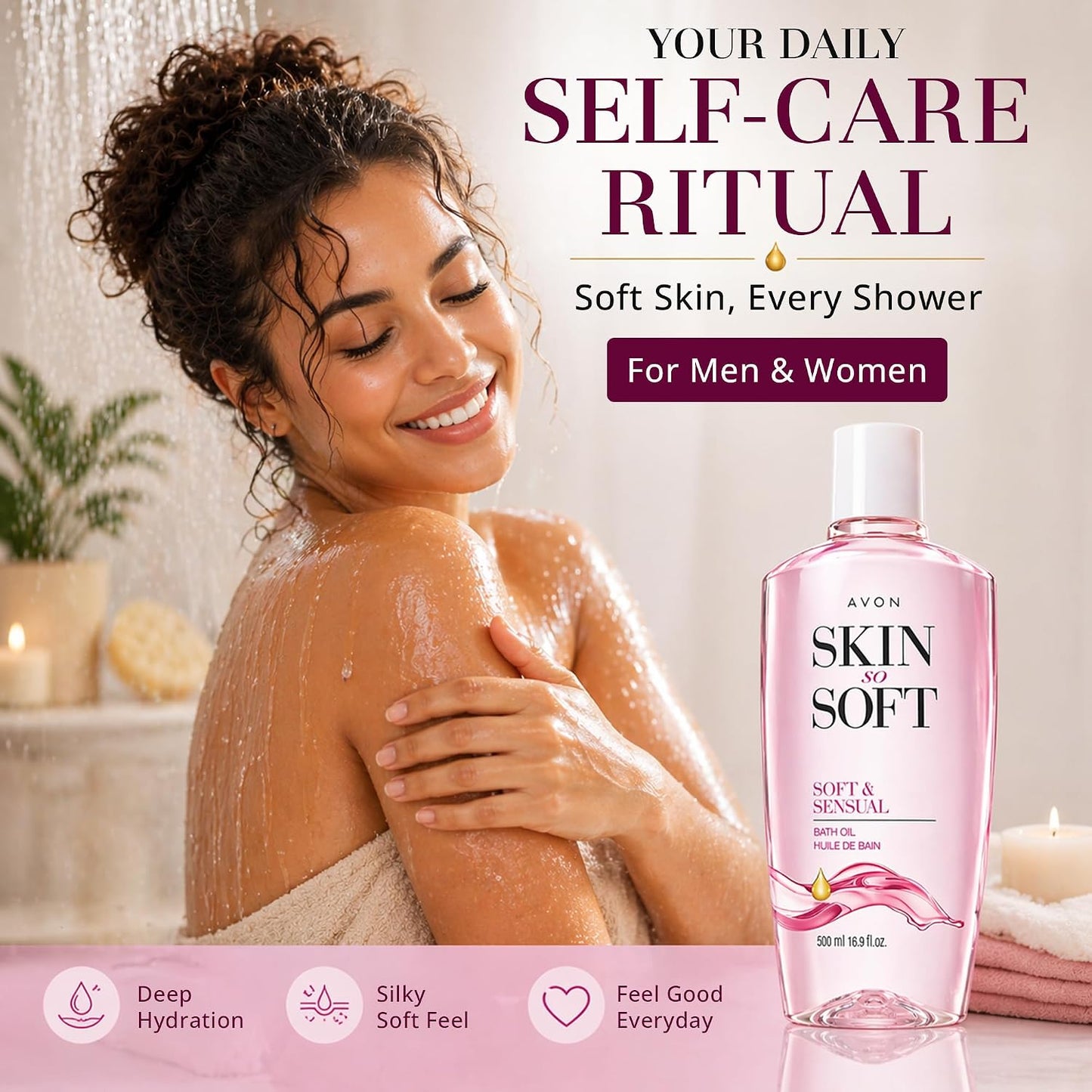 AVON Skin So Soft Soft & Sensual Bath Oil with Argan— Moisturizing Shower Oil for Dry Skin — Hydrating in & After-Shower Care for Women & Men —Non Greasy, Scented Bath and Body Essential, 16.9 fl oz