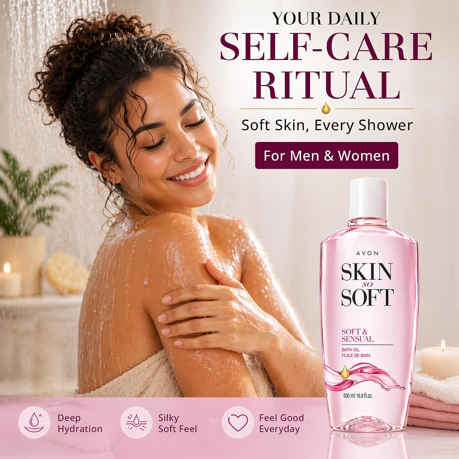 AVON Skin So Soft Soft & Sensual Bath Oil with Argan— Moisturizing Shower Oil for Dry Skin — Hydrating in & After-Shower Care for Women & Men —Non Greasy, Scented Bath and Body Essential, 16.9 fl oz