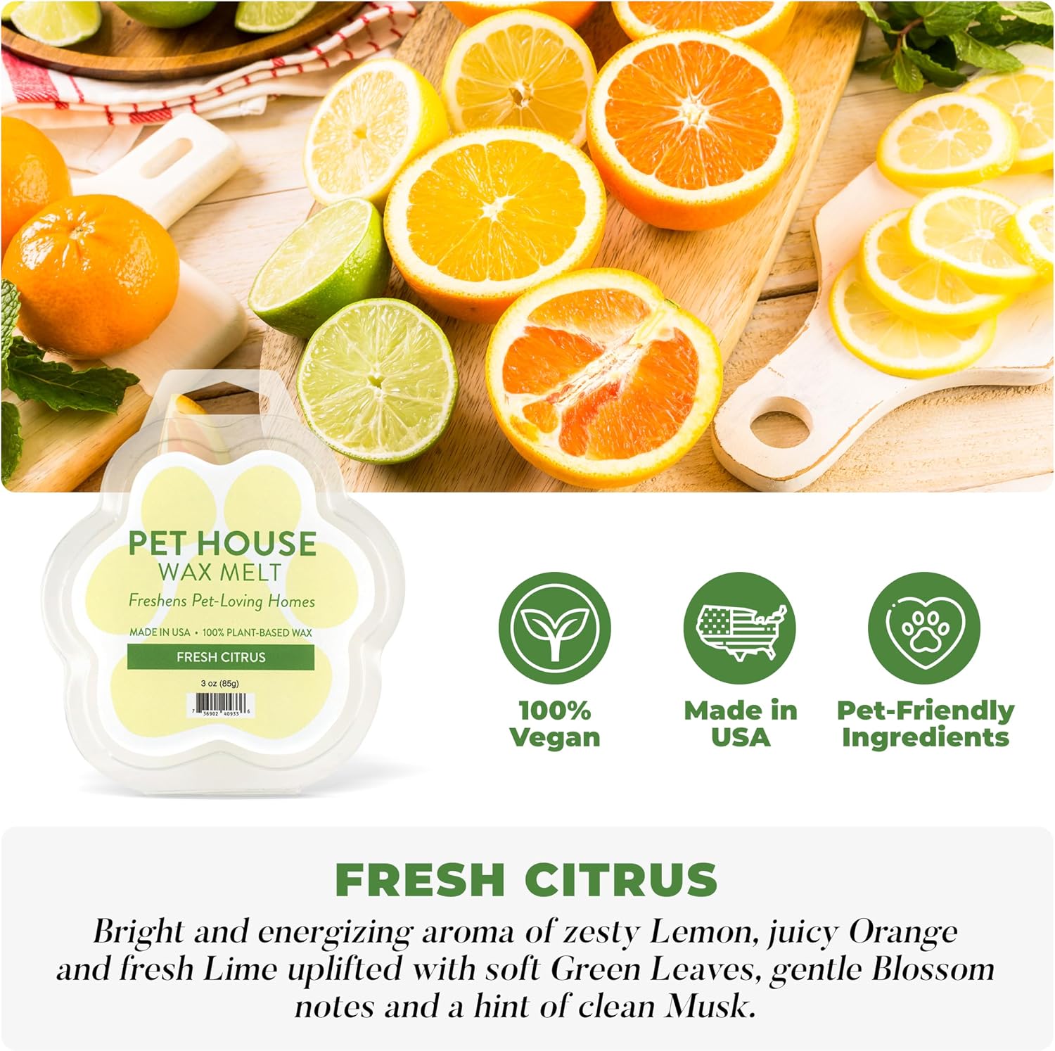 Pet House Wax Melts, Long-Lasting Scented Pet-Friendly Wax Melts, Natural Pet Odor Solution for A Fresh Smelling Home, Fresh Citrus, 3 OZ Each, 2 Pack