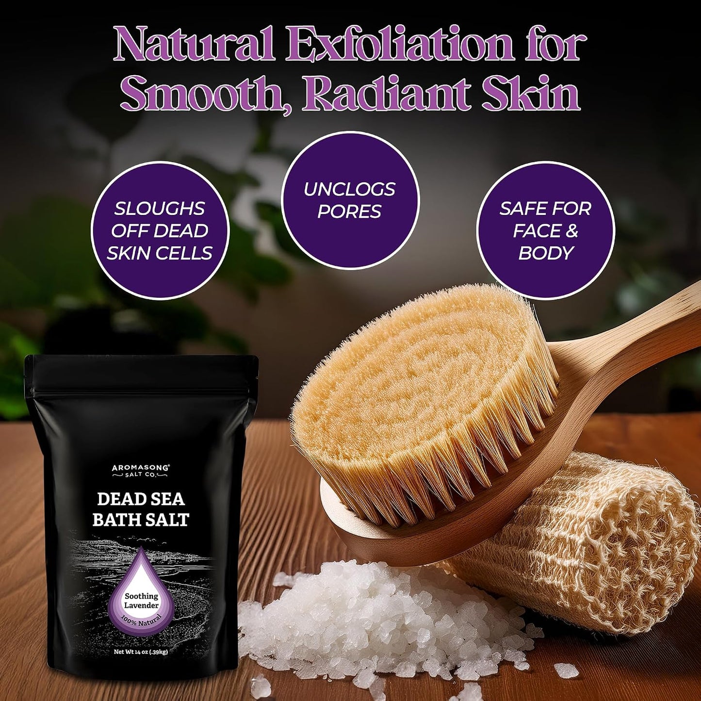 Aromasong Pure Dead Sea Salt for Soaking with 100% Natural Lavender, 14 Oz. - Spa Bath Salt Fine Grain - Body Wash Scrub - Soak for Women & Men- Resealable Pack