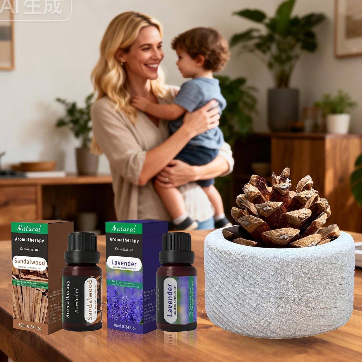 Wooden Essential Oil Diffuser - Small Cylinder Passive Diffuser, Beech Wood Aromatherapy Diffuser with Pine Cone & 20ml Essential Oils Great for Decorating at Desk, Office or Car