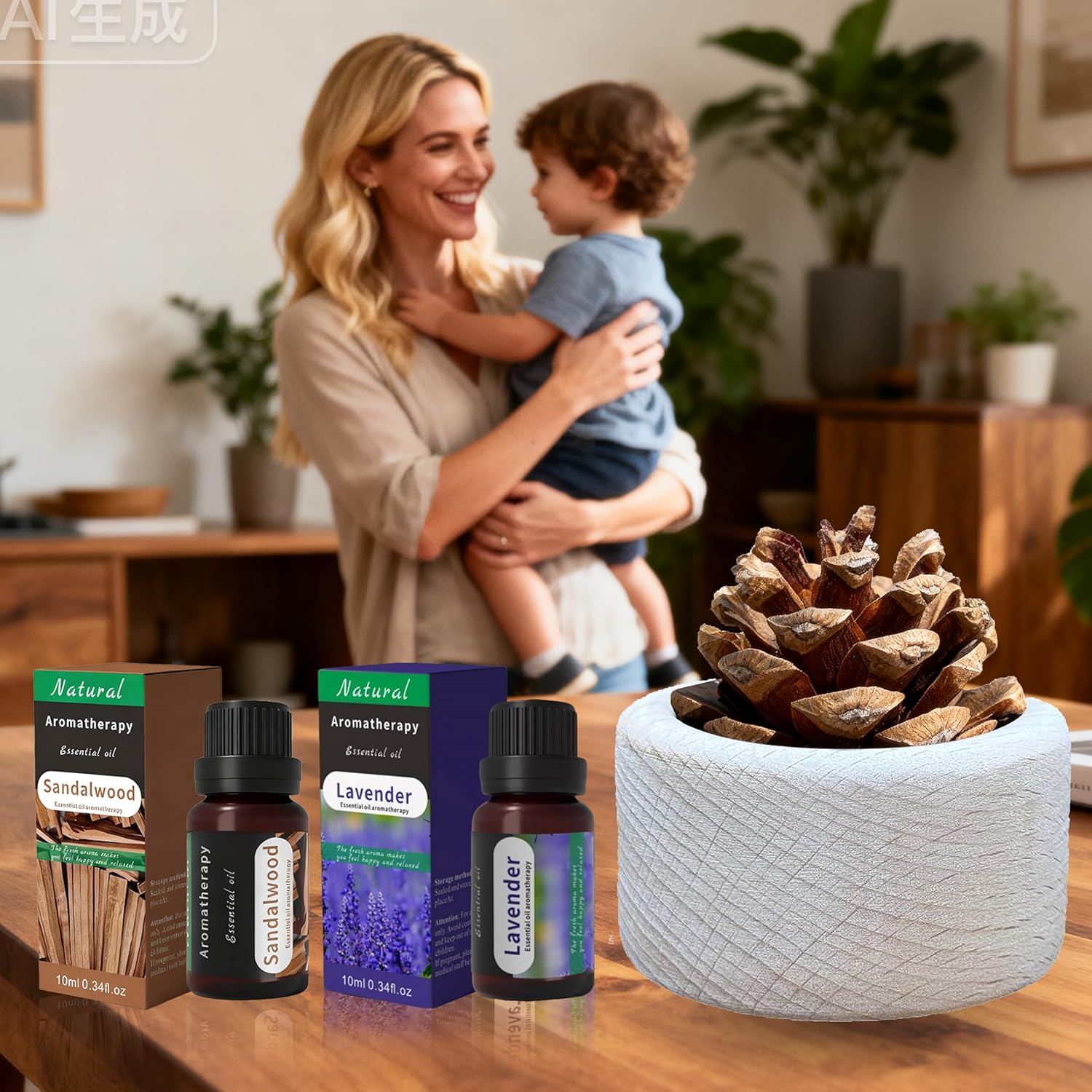 Wooden Essential Oil Diffuser - Small Cylinder Passive Diffuser, Beech Wood Aromatherapy Diffuser with Pine Cone & 20ml Essential Oils Great for Decorating at Desk, Office or Car