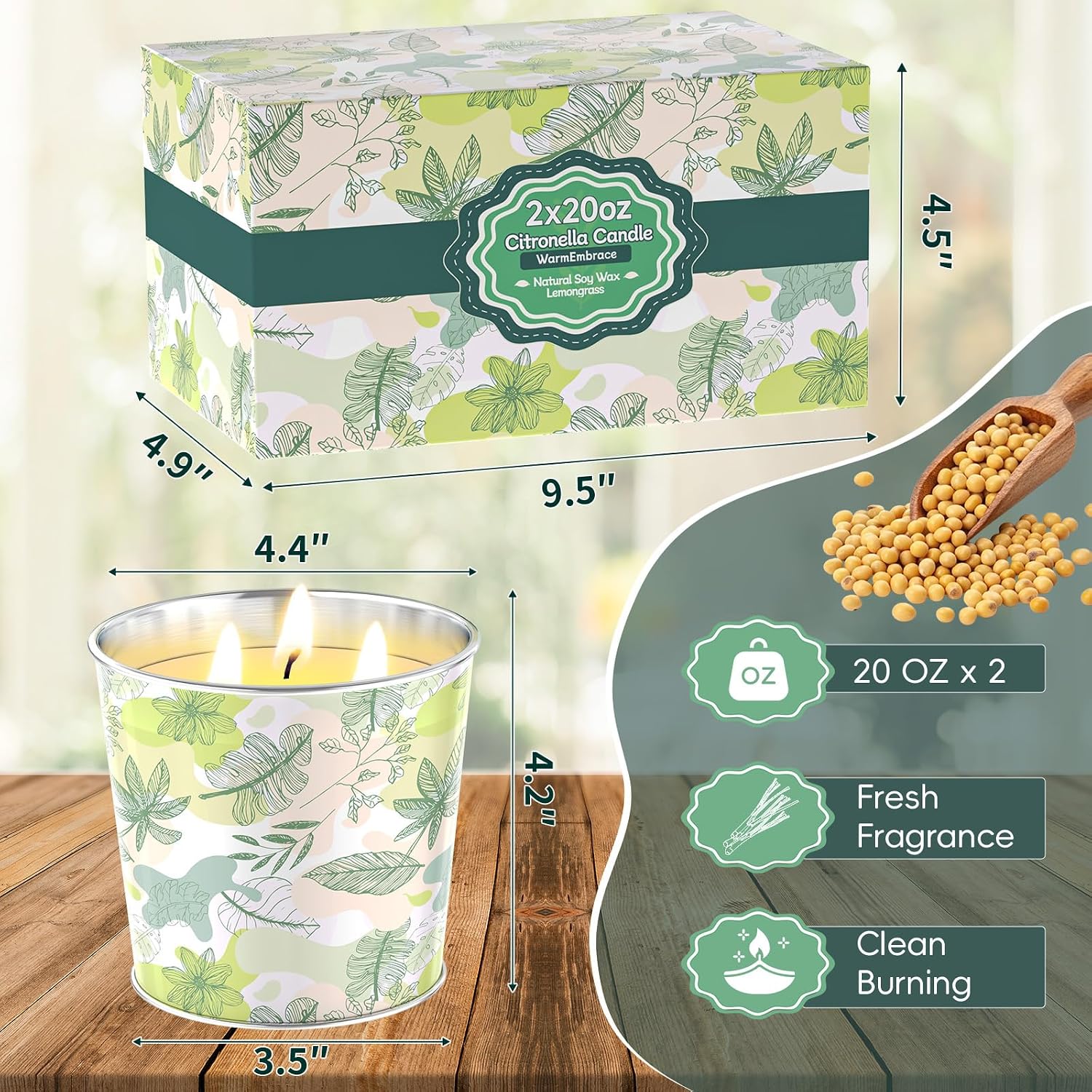 WarmEmbrace Citronella Candles Outdoor & Indoor, 40oz Large Citronella Candle 200H Burning Long Lasting, Soy Scented, 3-Wick Natural Soy Wax for Patio, Garden, Backyard, Camping, Cookout