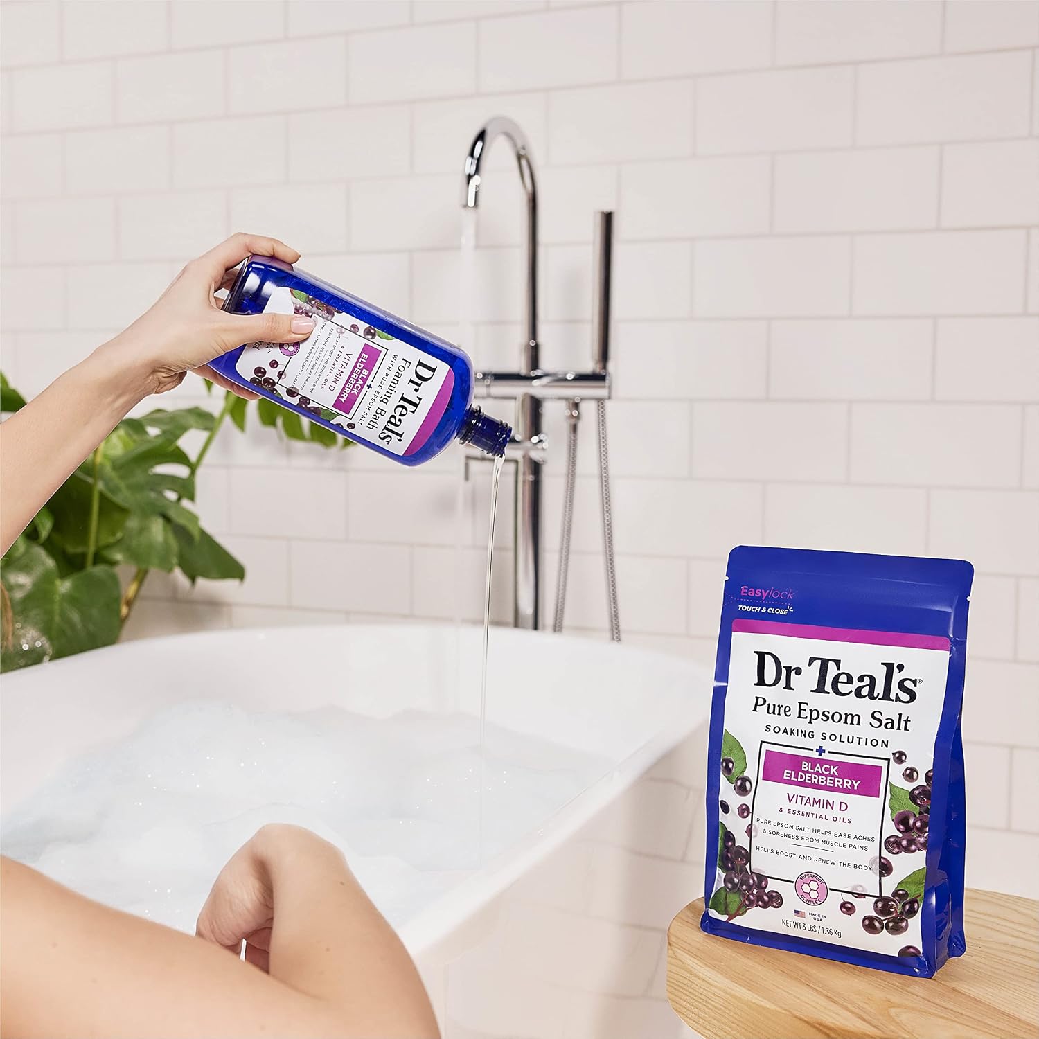 Dr Teal's Foaming Bath with Pure Epsom Salt, Black Elderberry with Vitamin D, 34 fl oz (Pack of 4)