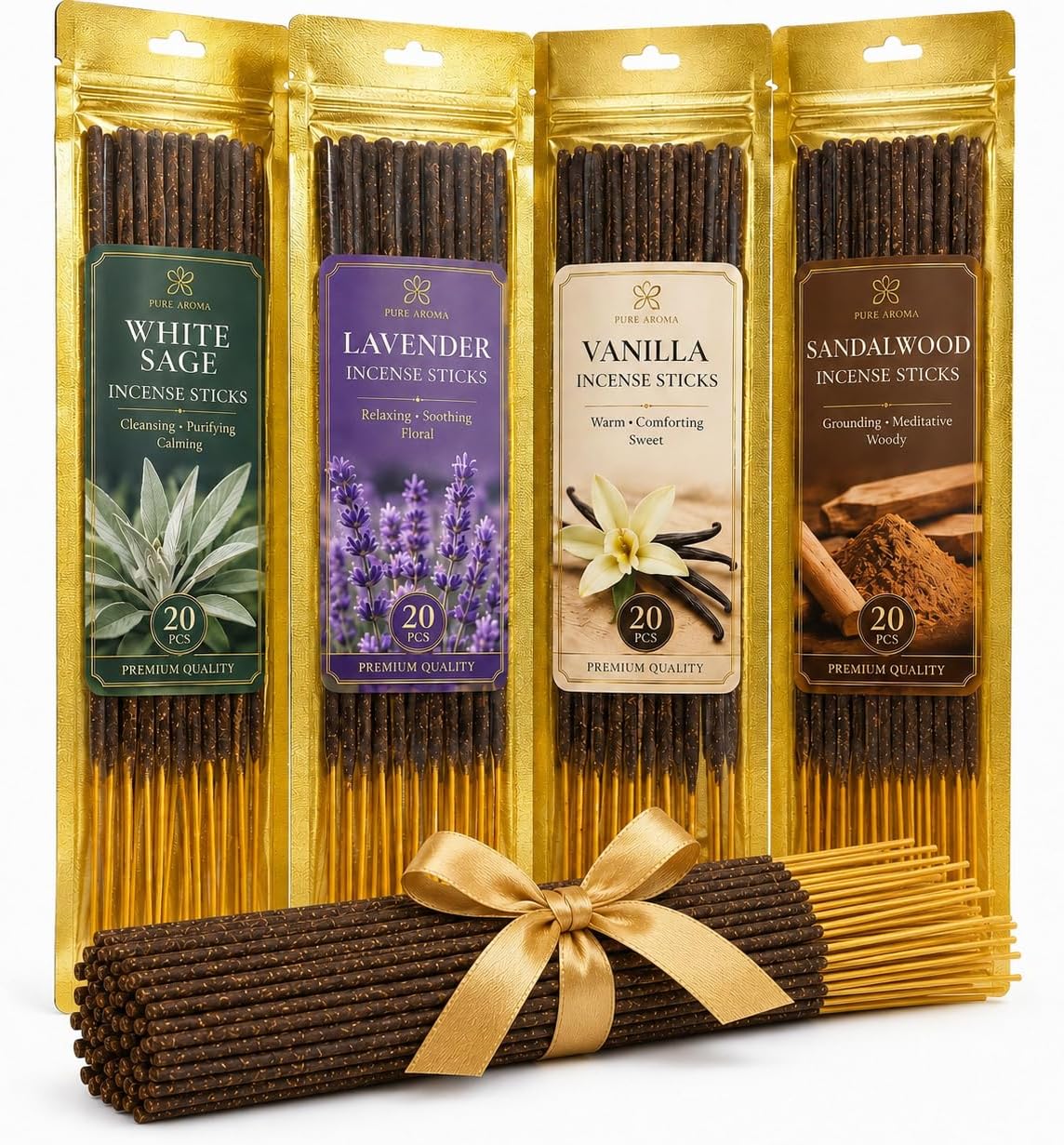 RAINFLOW White Sage Incense Sticks - 80 PCS Sandalwood Incense Sticks Natural,Lavender Vanilla Stick,4 Scents Without Incense Holder,Meditation Spiritual Cleansing Gift Set Indian Scented Style