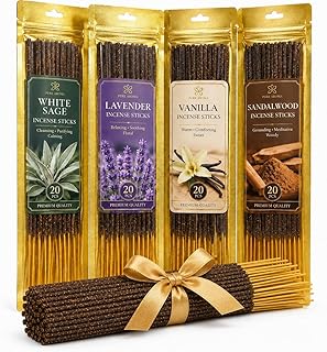 RAINFLOW White Sage Incense Sticks - 80 PCS Sandalwood Incense Sticks Natural,Lavender Vanilla Stick,4 Scents Without Incense Holder,Meditation Spiritual Cleansing Gift Set Indian Scented Style