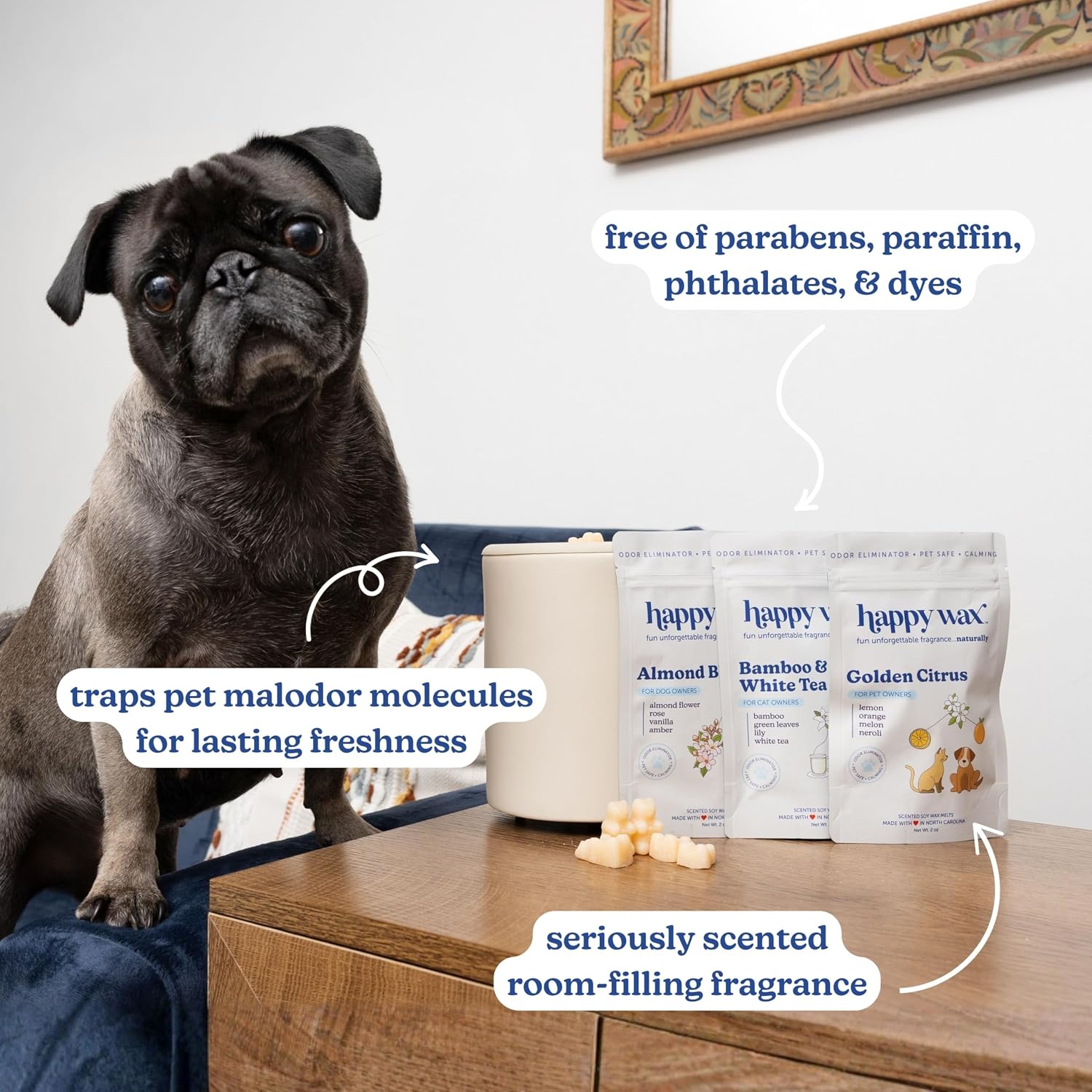 Happy Wax Pet Scents Collection: Pet Safe, Odor Eliminating, Non-Toxic Scented Soy Wax Melts – Total 6oz Variety Pack: Bamboo & White Tea, Golden Citrus, and Almond Blossom