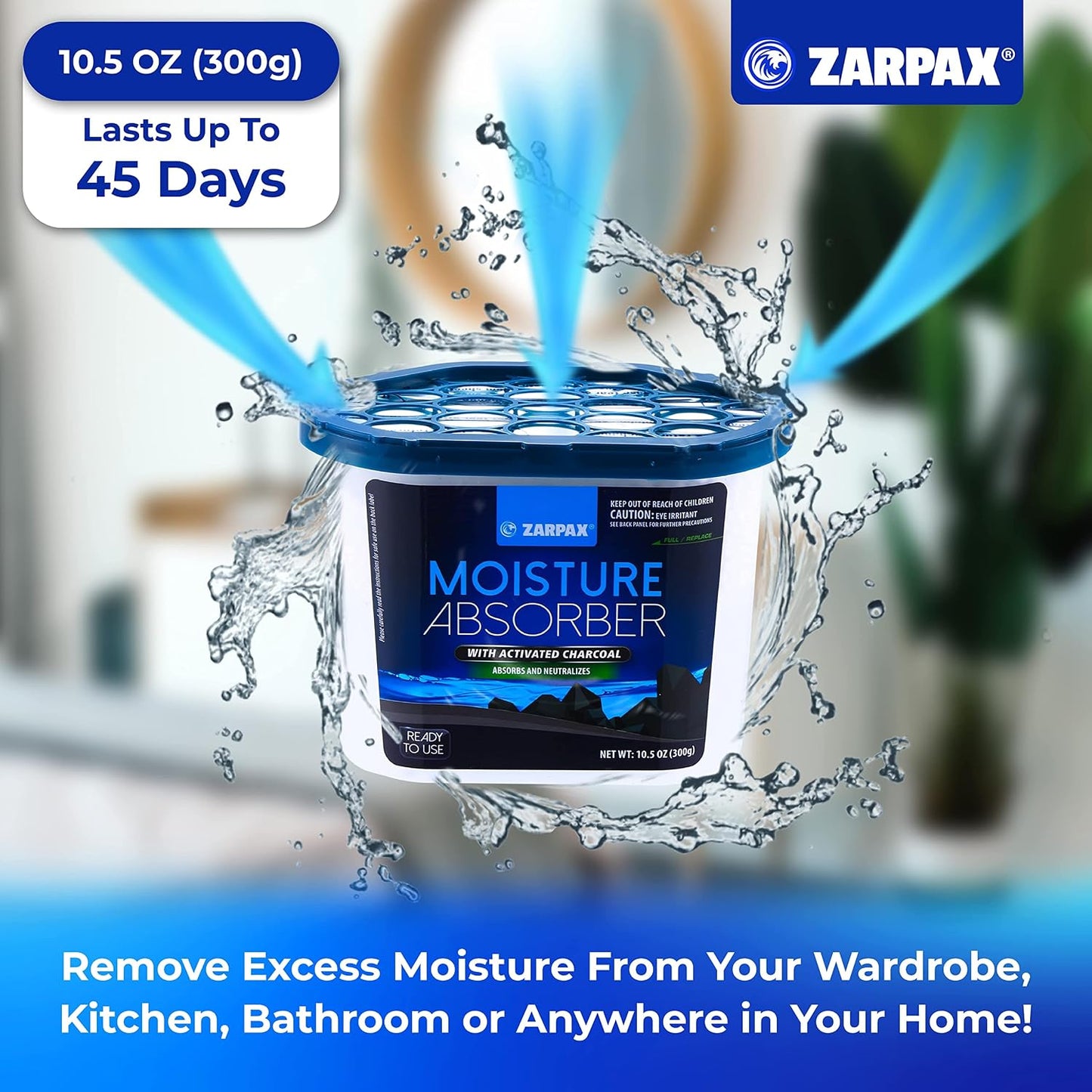 ZARPAX Moisture Absorber Activated Charcoal 10.5 oz/300g | Removes Moisture, Damp, Humidity & Odors | Odor Absorber | Moisture Trap for Bathroom, Closet, Kitchen & Small Spaces | Set of 4