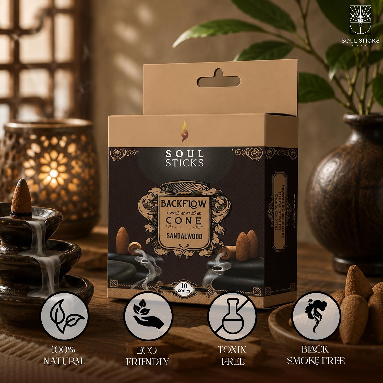 Soul Sticks Backflow Incense Cones – 40 Handmade Organic Cones for Waterfall Burner | 4 Pack Long Lasting Aromatic Scents | Thick White Smoke Incense for Meditation, Yoga & Gifts (Sandalwood)