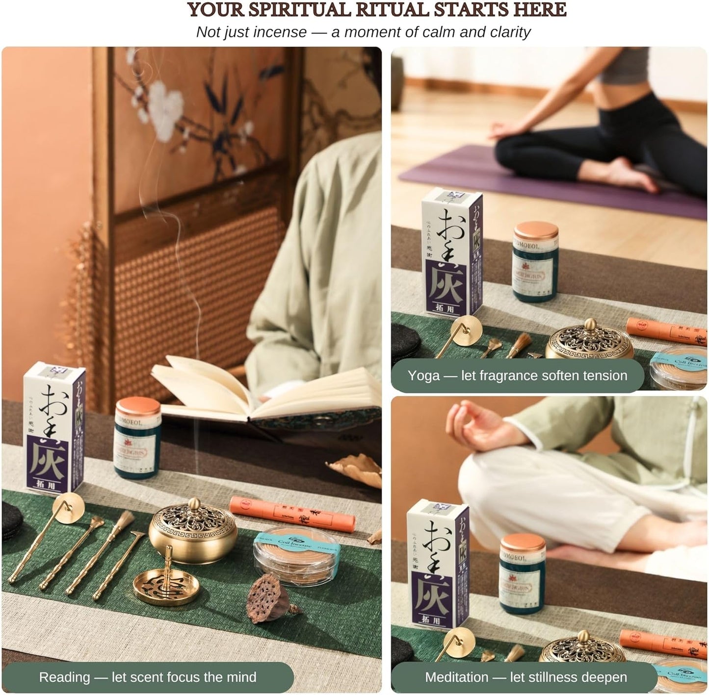 Powder Incense Burner Kit with Brass Censer, Incense Ash Tools and Mold Press Set, Complete Gift Box for Meditation, Yoga and Home Relaxation