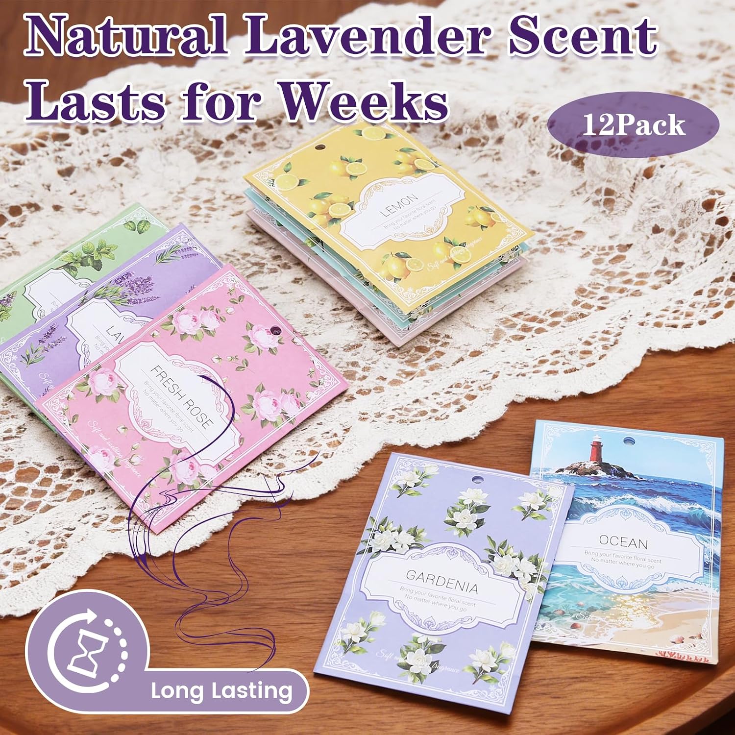 Lavender Sachets for Drawers and Closets - 12 Pack Long Lasting Odor Eliminator Bags, Natural Fresh Scent for Wardrobe, Storage, Car & Home, Air Freshener Sachets