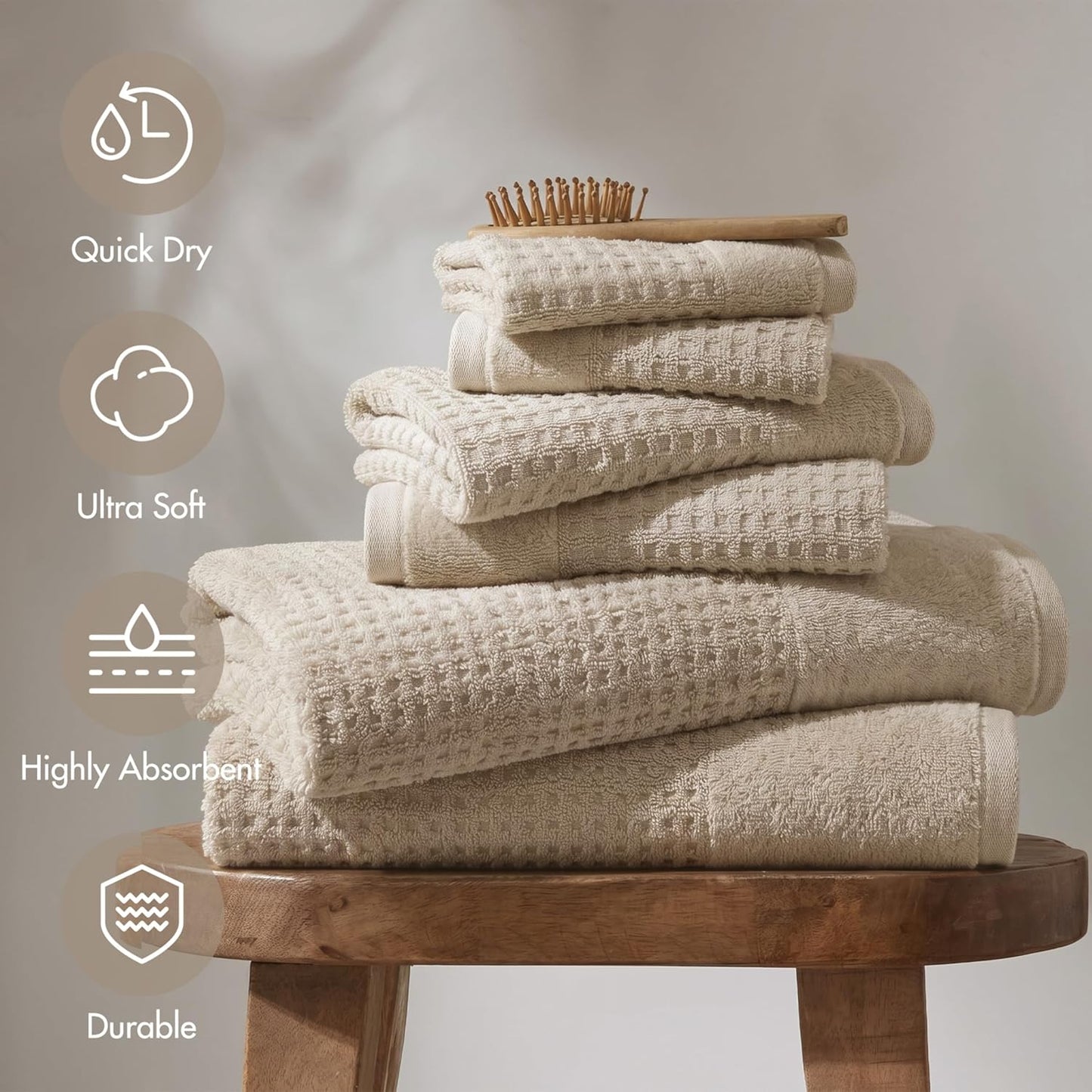 Madison Park Spa Waffle 100% Cotton Luxurious Towel Set, Premium Texture Waffle Weave, Highly Absorbent, Quick Dry, Hotel & Spa Quality Wash Clothes for Bathroom, Assorted Sizes, Natural 6 Piece
