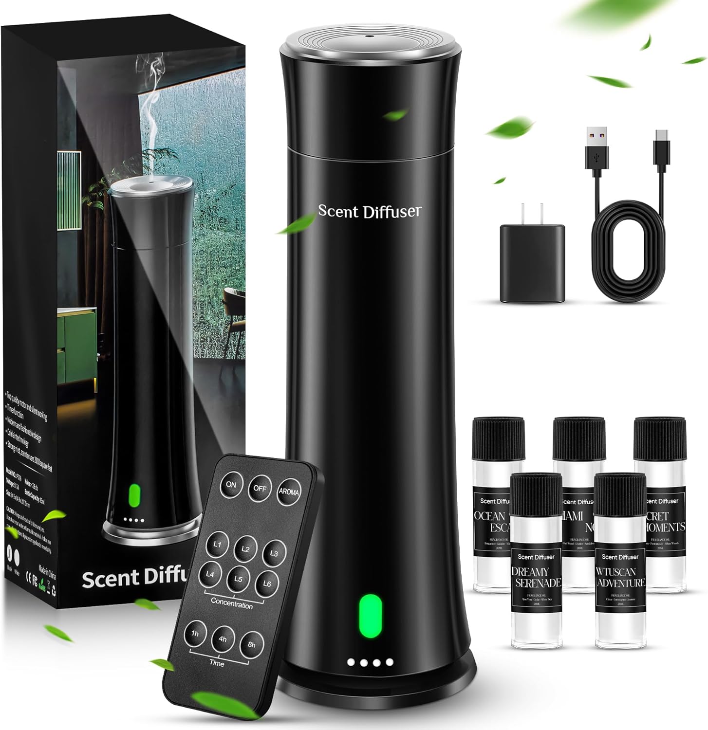 Waterless Scent Diffuser Kit — Covers 1,500 sq. ft. Suitable for Large Rooms, Home, Offices, and Hotels. Includes Five Essential Oils and Remote Control. Black