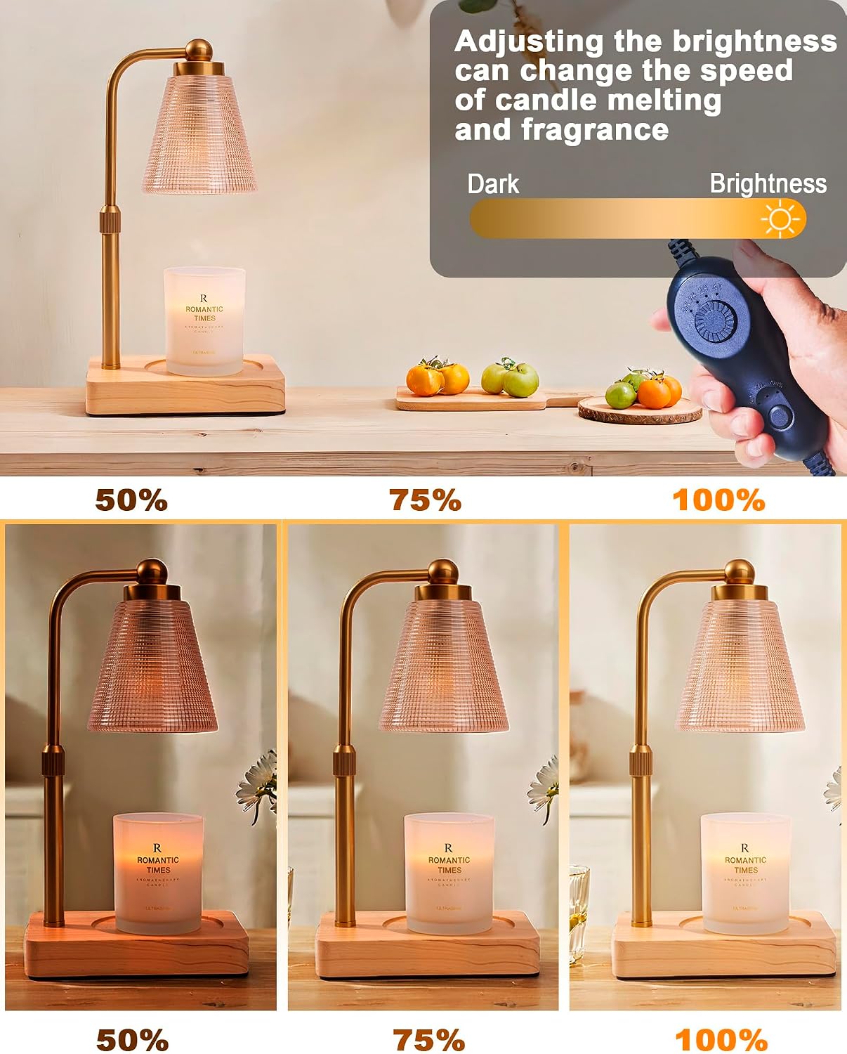 Candle Warmer Lamp with Timer - Adjustable Height & Brightness - Wood Base Glass Shade - 2 Bulbs Included(Square Gold)