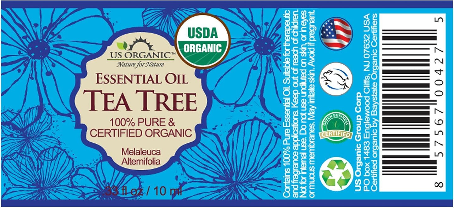US Organic 100% Pure Tea Tree Essential Oil - USDA Certified Organic, Steam Distilled, Sourced from South Africa, Undiluted, Non-GMO (10 ml (Pack of 1))