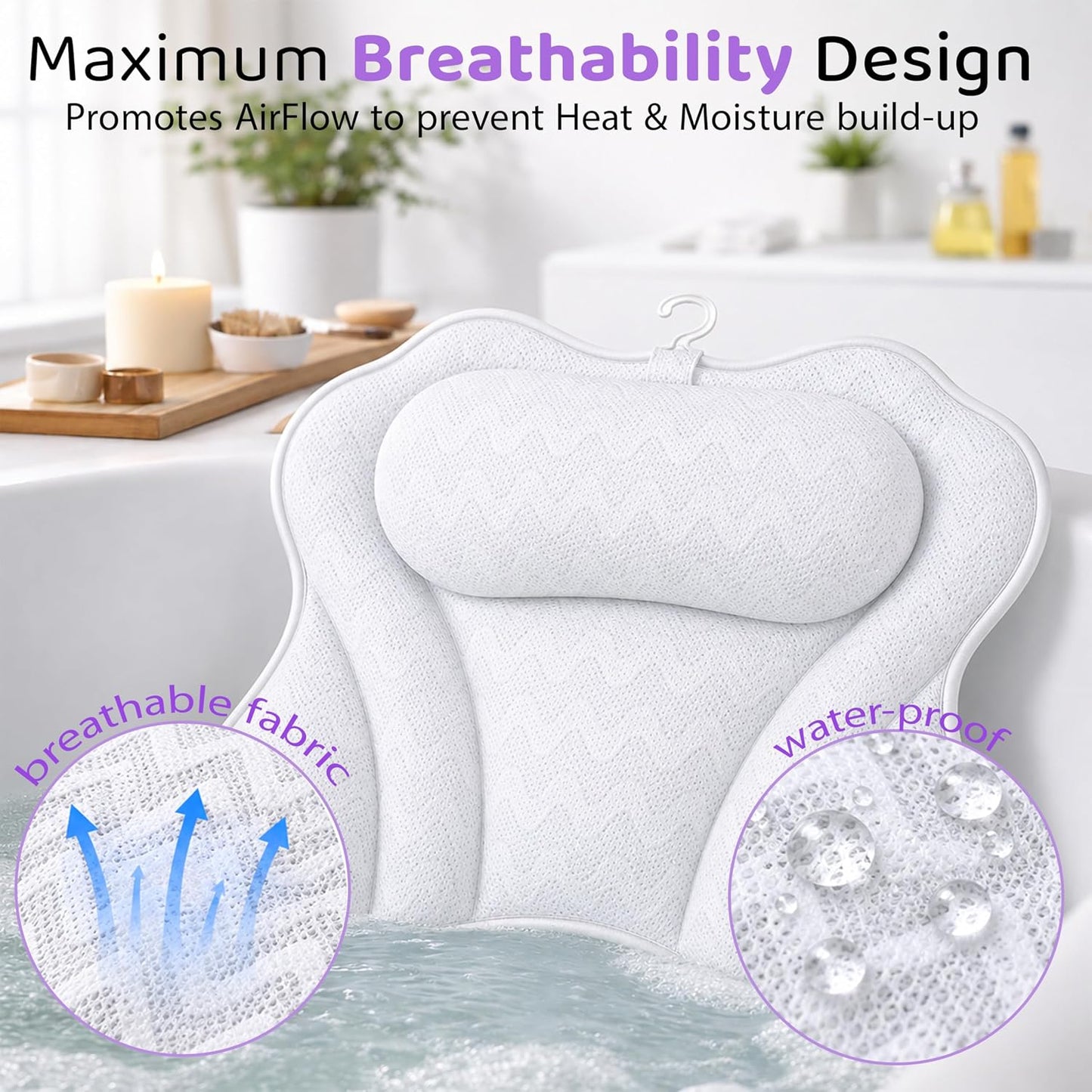 MONK & LLAMA Bath Pillow for Tub Soft Bathtub Pillow for Head and Neck Support Non-Slip Tub Pillow with Quick-Dry Mesh Comfortable Bath Accessory for Women & Men - Wavy, White