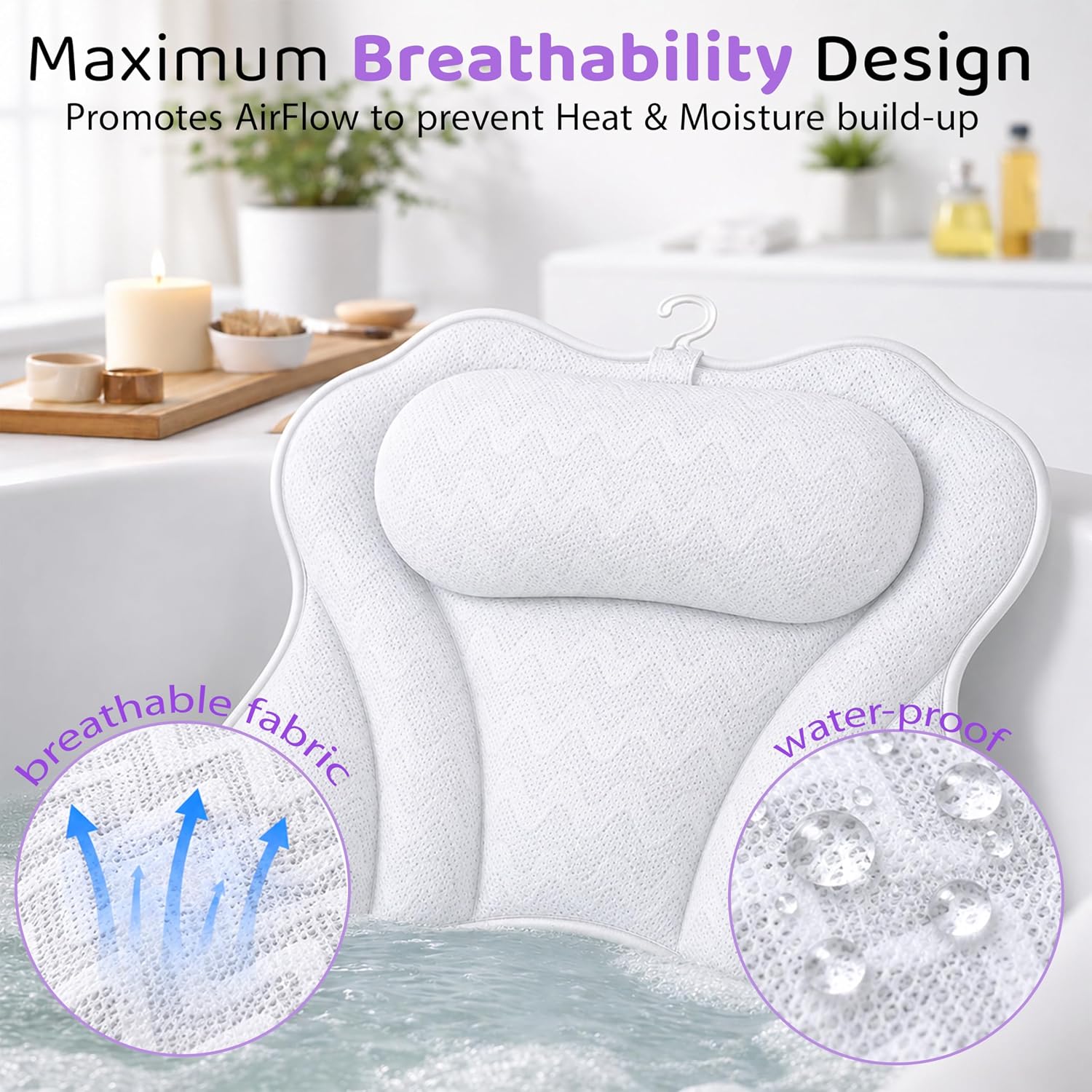 MONK & LLAMA Bath Pillow for Tub Soft Bathtub Pillow for Head and Neck Support Non-Slip Tub Pillow with Quick-Dry Mesh Comfortable Bath Accessory for Women & Men - Wavy, White