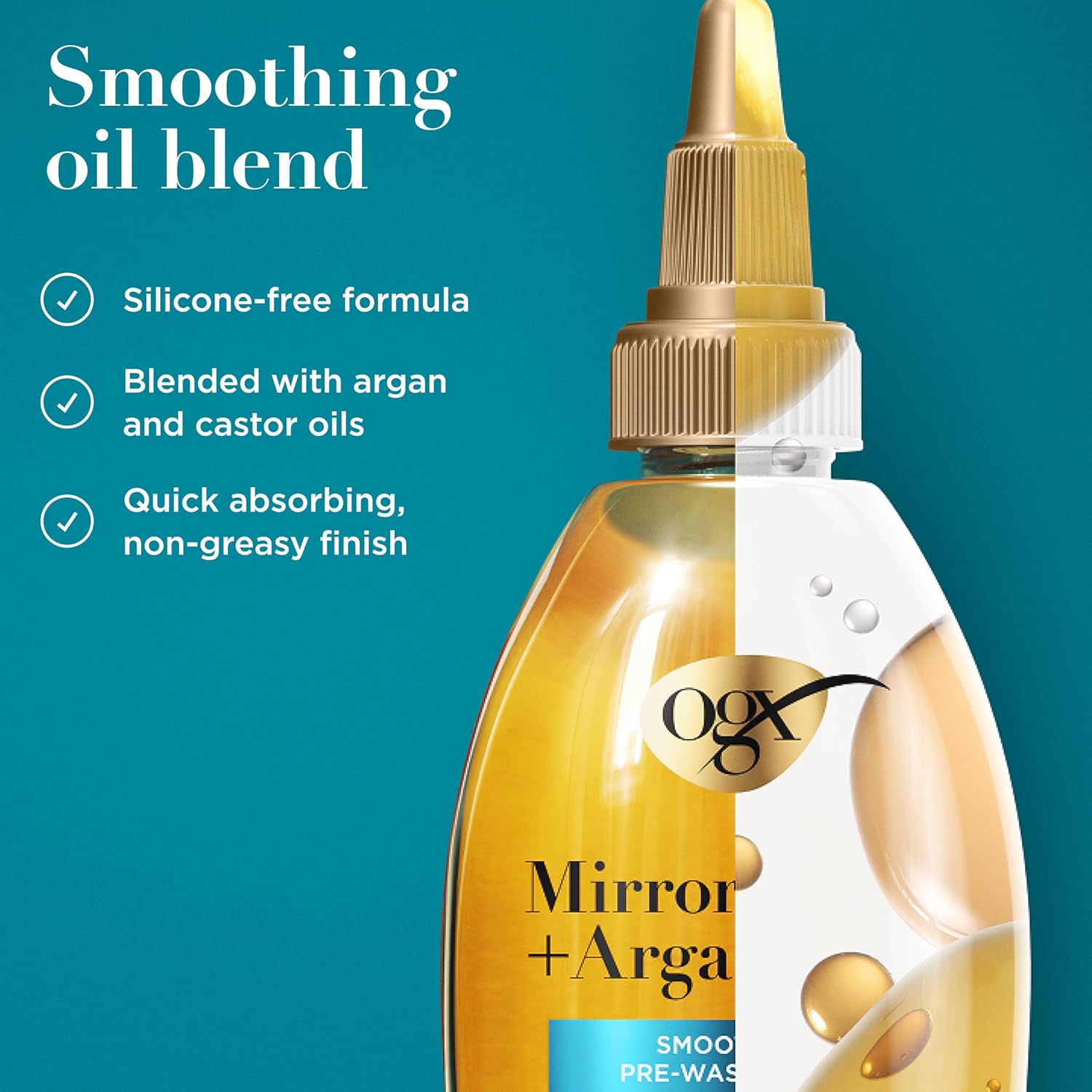 OGX Mirror Shine + Argan Oil Pre-Wash Hair Gloss, Smoothing Rinse Out Treatment for 48 Hours of Glossy Shine* & Nourishing Repair, Lightweight Hair Oil Mends Split Ends*, 4 fl. oz