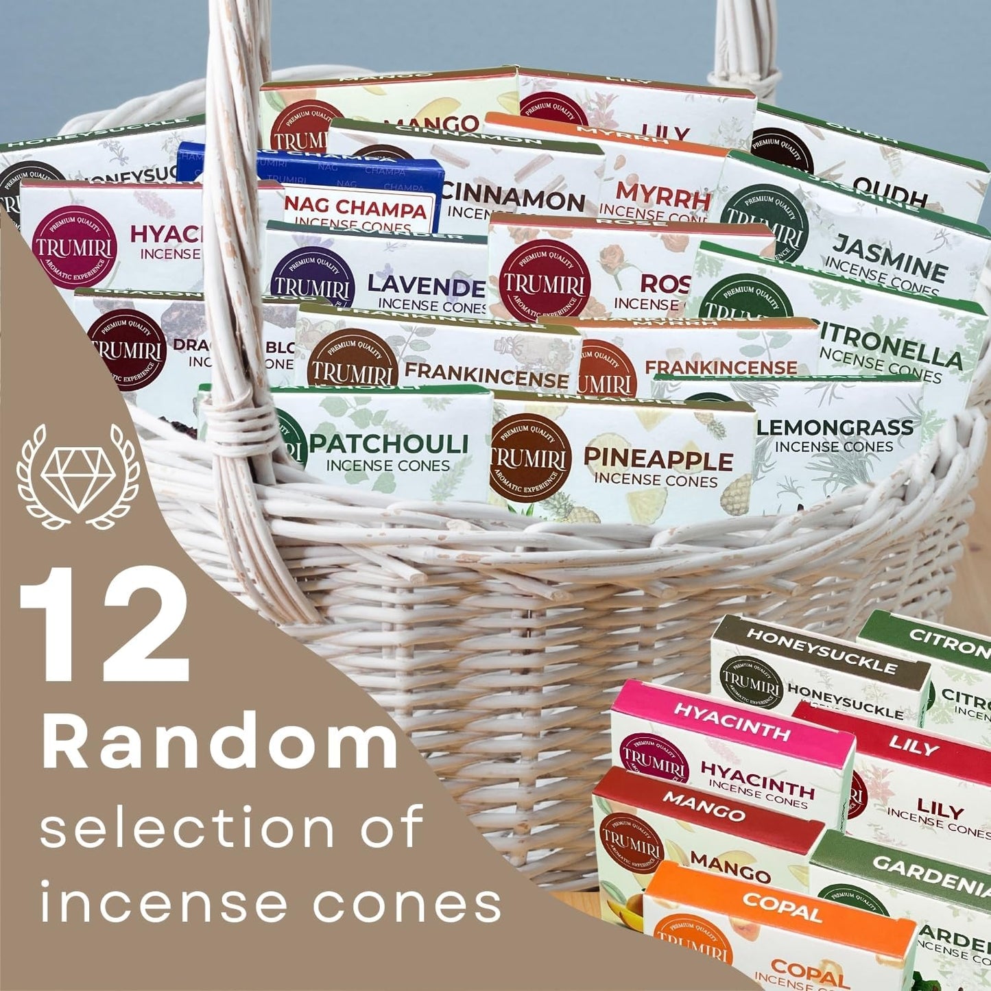 Trumiri Incense Cones Scented - 12 Random Scents - Insence Cones - Dhoop Cones - Large Long Lasting Insense Variety Pack - Inciensos - 10 Conos per Scent - Total 120 Cones