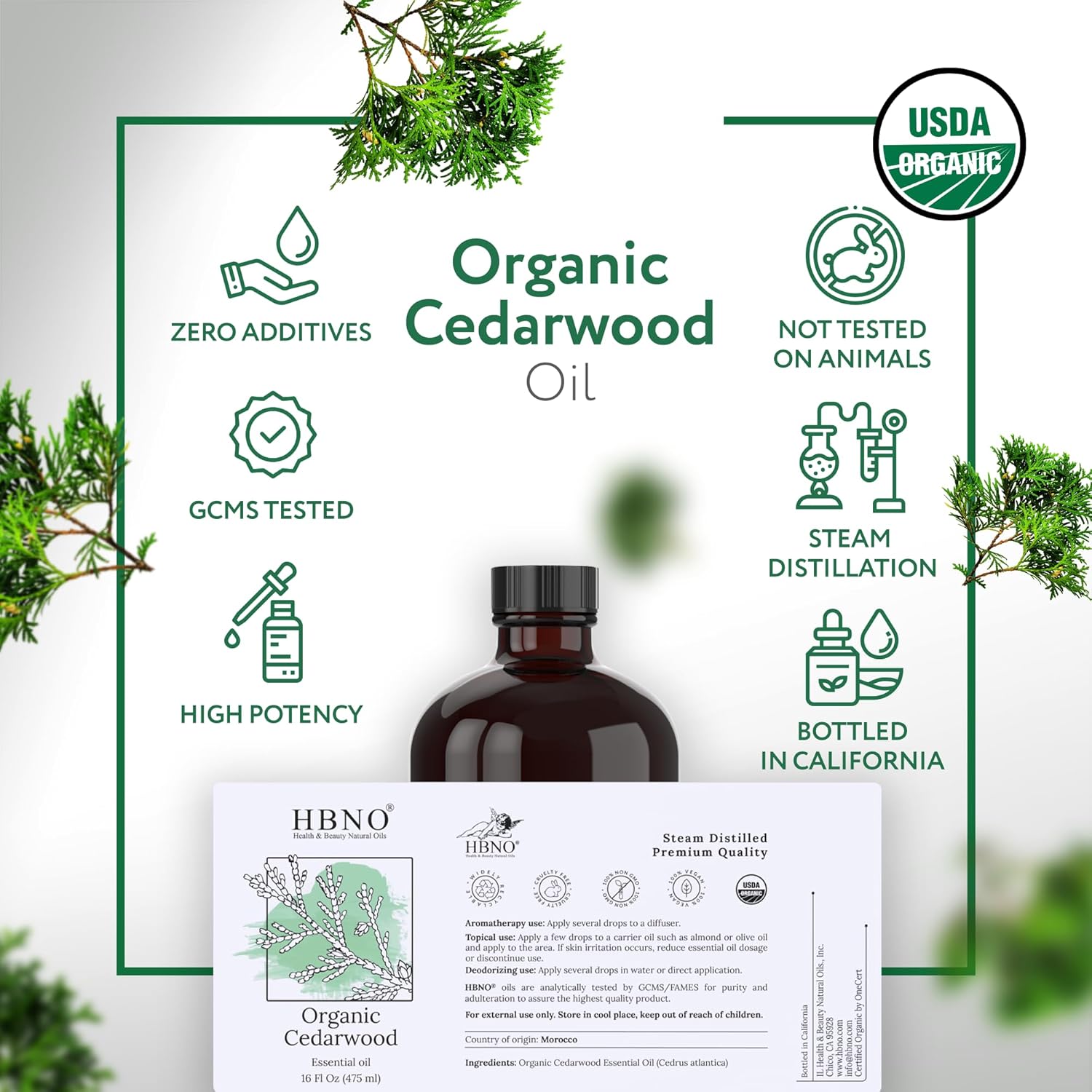 HBNO Organic Cedarwood Oil - Huge 16 oz (475ml) Large Size - Ideal for Diffusers, Cleaning Agents, Deodorizers.