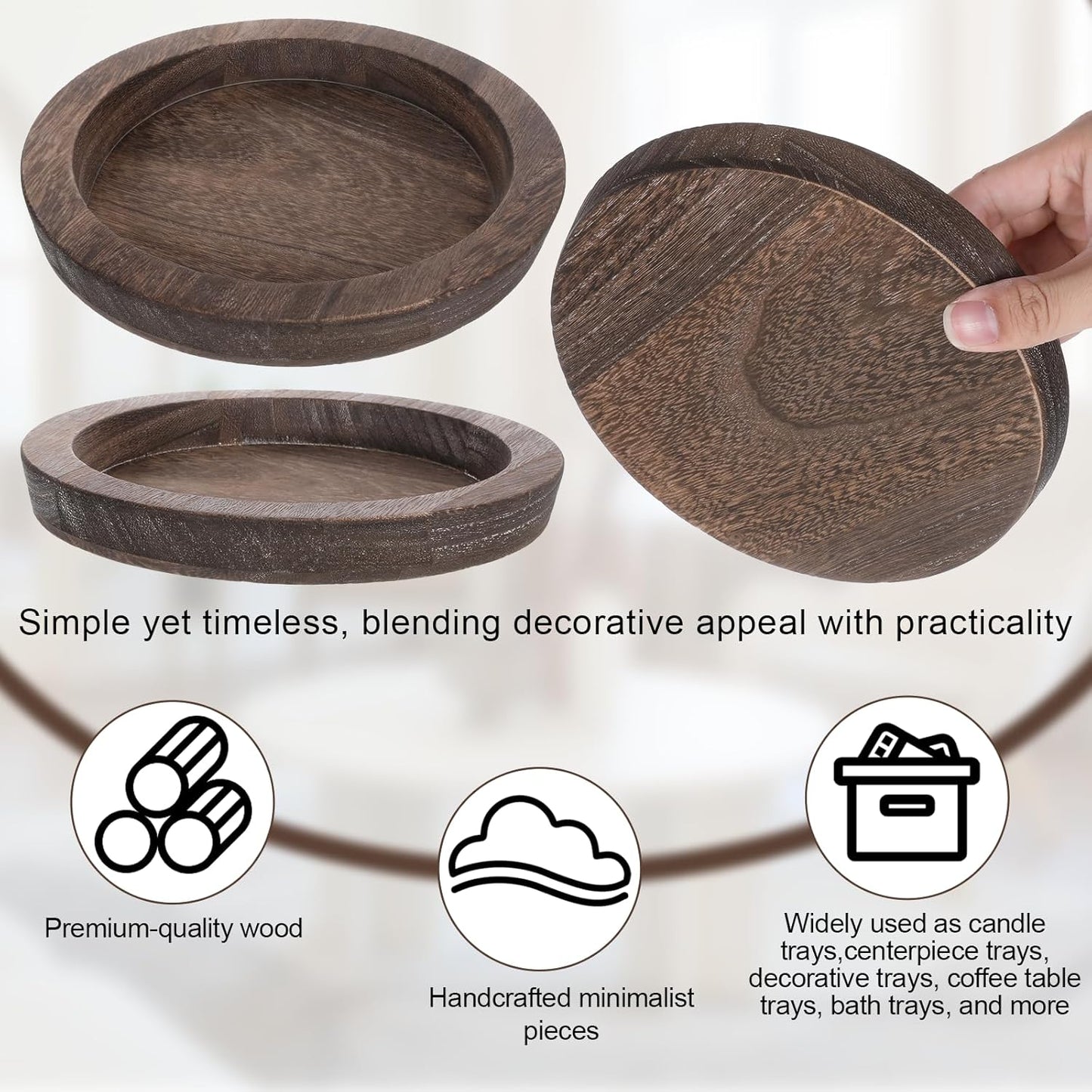 6.5 in Round Rustic Wood Tray for Decor Candle Holder Tray Wooden Serving Trayes for Coffee Table and Home Decor Small Serving Trays for Centerpiece Table Decorations Circle Dining Tables Trays