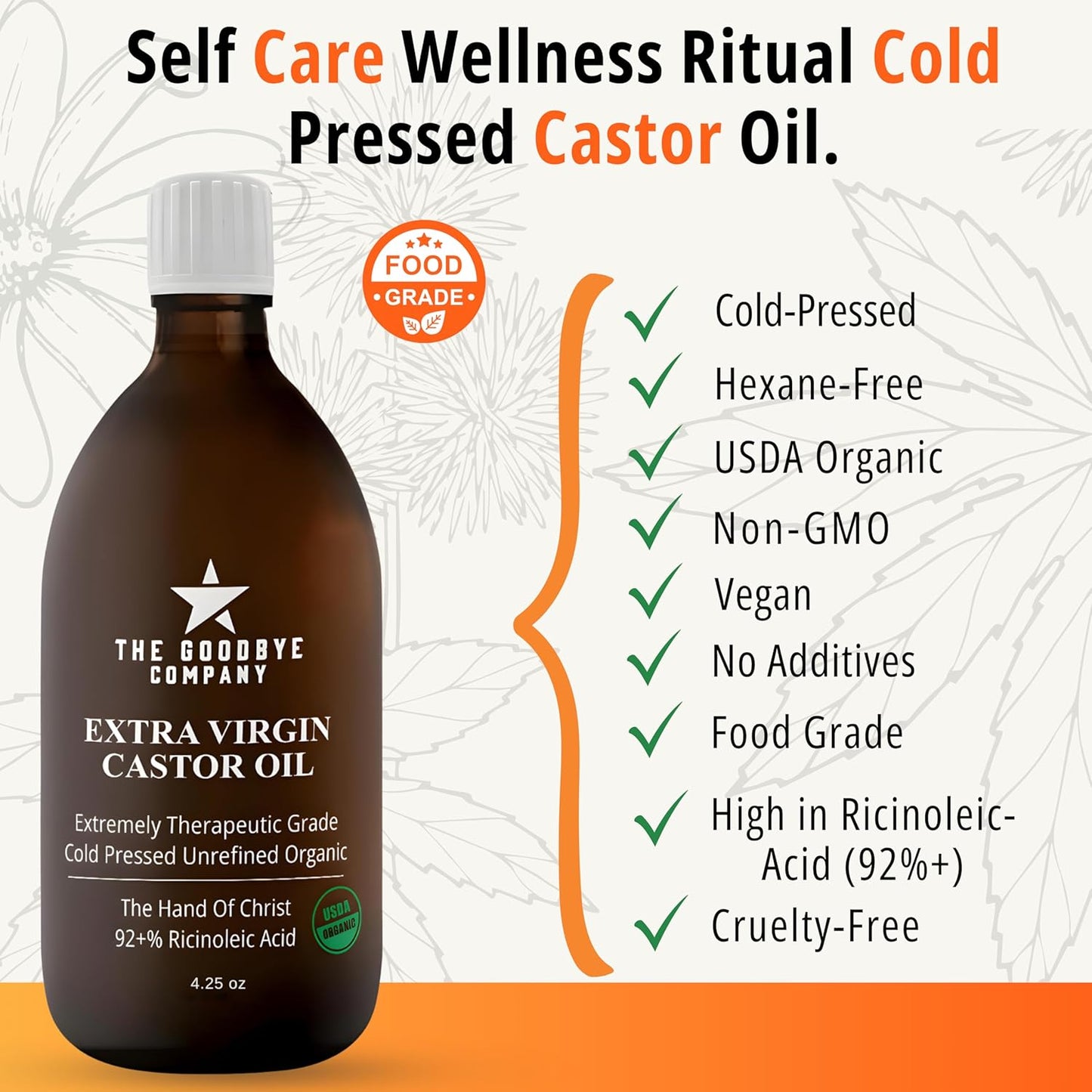 The Goodbye Company Organic Castor Oil for Hair, Skin & Eyelashes – 100% Pure, Cold-Pressed, Hexane-Free, Unrefined – Nourishing Beauty & Wellness Oil in Dark Glass Bottle – 4.25oz
