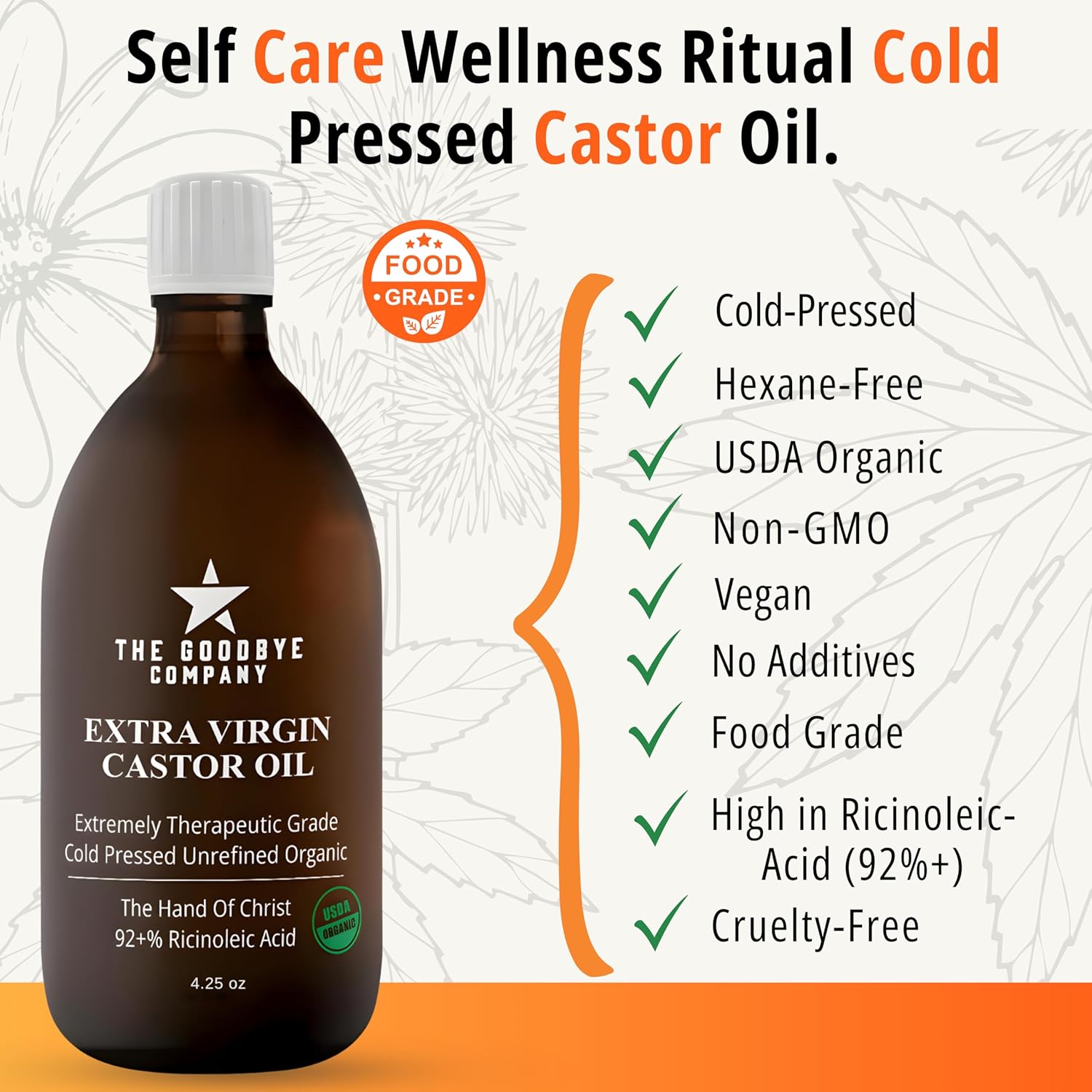The Goodbye Company Organic Castor Oil for Hair, Skin & Eyelashes – 100% Pure, Cold-Pressed, Hexane-Free, Unrefined – Nourishing Beauty & Wellness Oil in Dark Glass Bottle – 4.25oz
