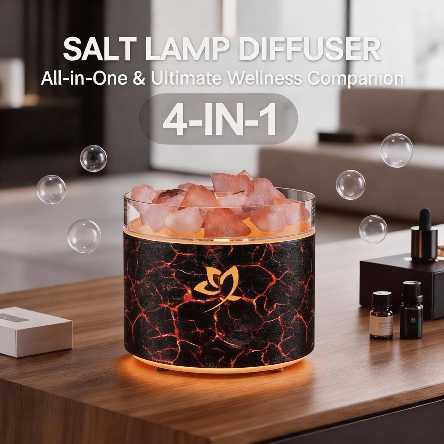 4-in-1 Ultrasonic Crystal Salt Stone Aromatherapy Diffuser & Humidifier - 7-Color LED Dreamy Flame Light, Auto Shut-Off, 2 Modes | Home/Office/Yoga (Black Grain)