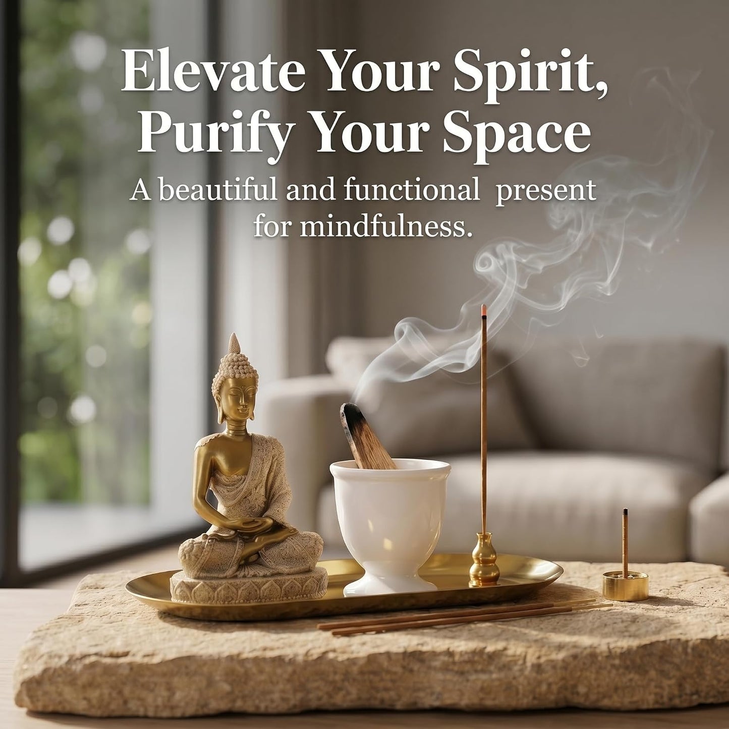 TOPZEA 6 in 1 Brass Incense Burner Holder, Palo Santo & Sage Sticks Holder, Ash Catcher Tray with Buddha Statue for Coil Incense, Incense Cone & Stick, Meditation Accessories, Yoga Room Decor