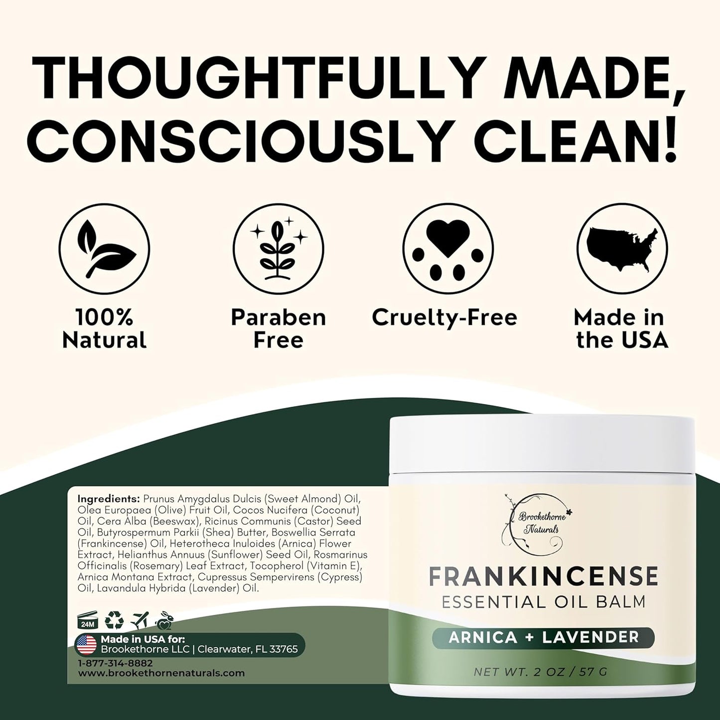 Brookethorne Naturals Frankincense Balm | Frankincense Essential Oil Balm for Skin Hydration | Soothing Muscle & Joint Support | Boswellia Extract, Arnica Montana, Castor Oil & Lavender 2oz