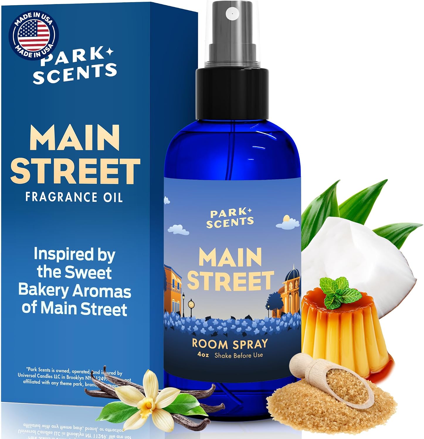 Park Scents Main Street Fragrance Room Spray – Theme Park Scented Air Freshener Spray with Caramelized Sugar, Coconut, Custard, Rum, Vanilla, Maple – Friend Birthday Gifts for Women (4oz)
