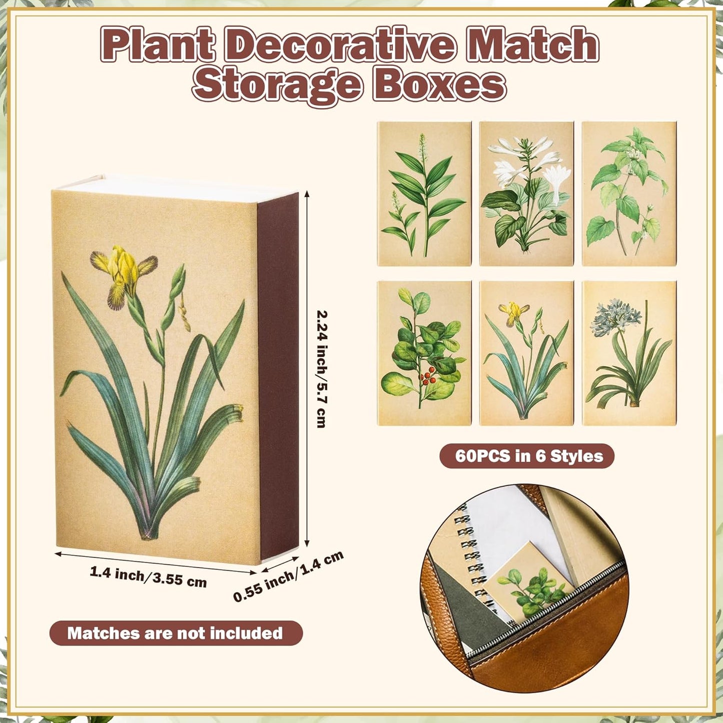 BUoonyer Plant Blank Matches Boxes - 60PCS Match Storage Containers with Double-Sided Striker, Plants Fireplace Matchbook Bulk Holder Decorative for Guests Gift Party Favor (No Matches Included)