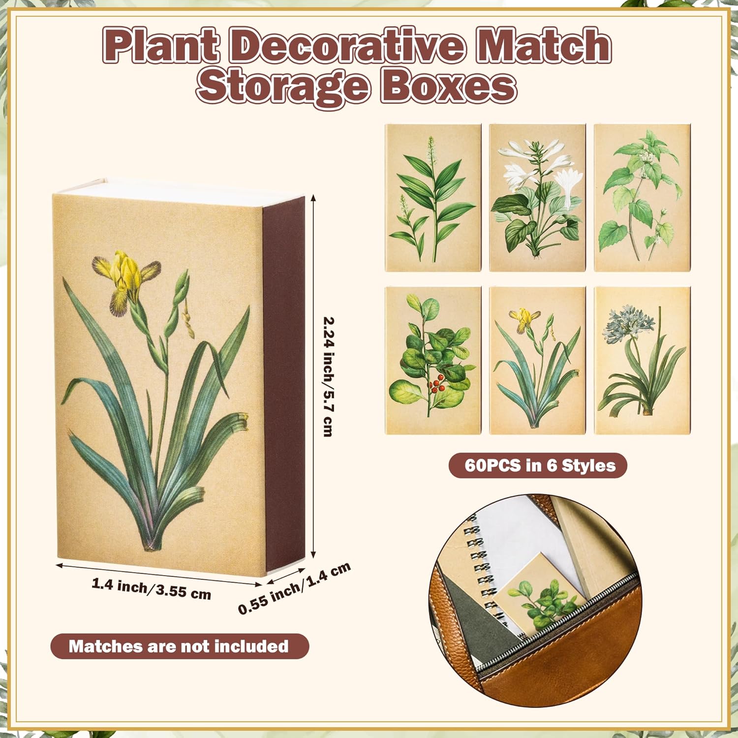 BUoonyer Plant Blank Matches Boxes - 60PCS Match Storage Containers with Double-Sided Striker, Plants Fireplace Matchbook Bulk Holder Decorative for Guests Gift Party Favor (No Matches Included)