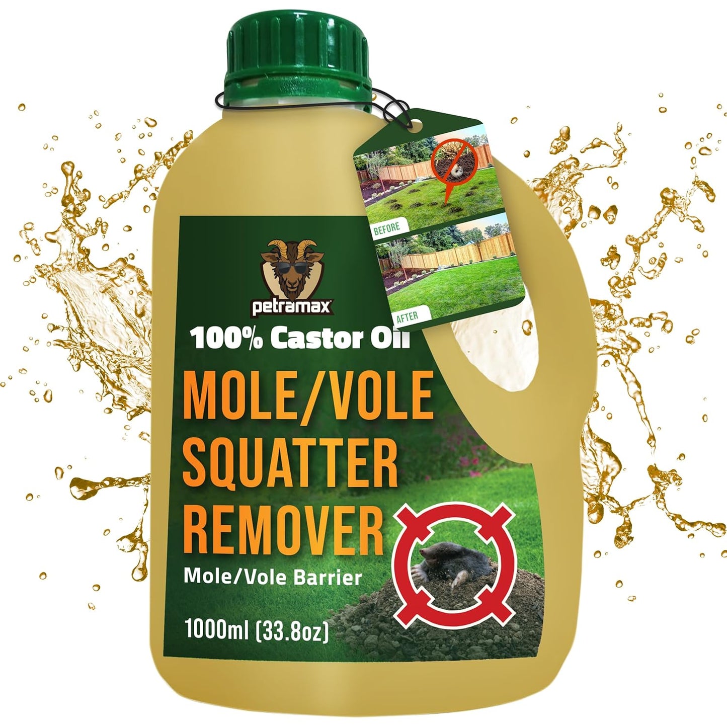 PetraMax Castor Oil Mole Repellent for Lawns - Best Anti Mole and Vole Repellent of Outdoor Space - How to Get Rid of Moles in My Yard, Garden Or Lawn, Safe and Effective Vole Deterrent (33.8 fl oz)
