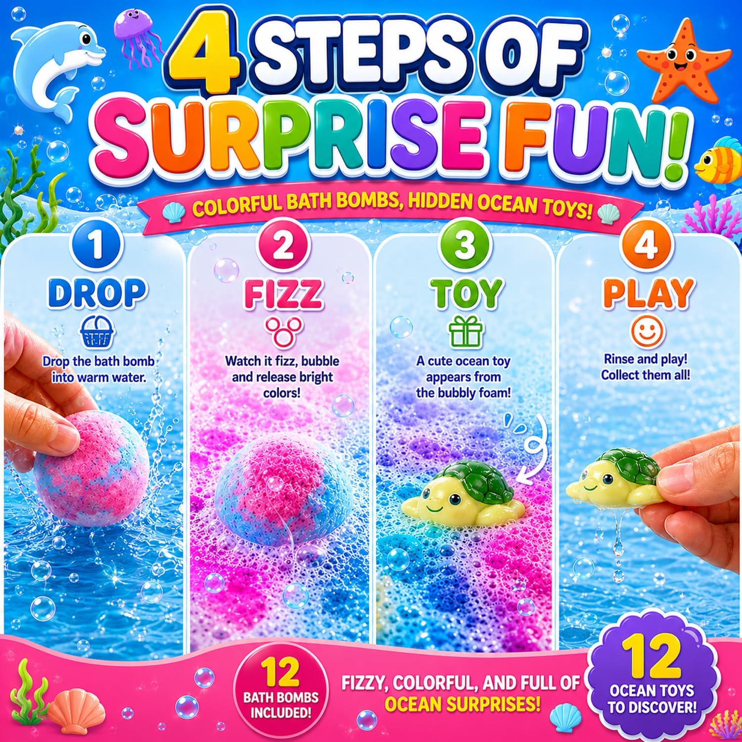 Bath Bombs Gift Set for Women, Colorful Bath Bombs with Surprise Inside, Ocean Theme Moisturizing Bath Fizzies, Relaxing Spa Self Care Gifts for Birthday, Christmas & Holidays (12 Pack)