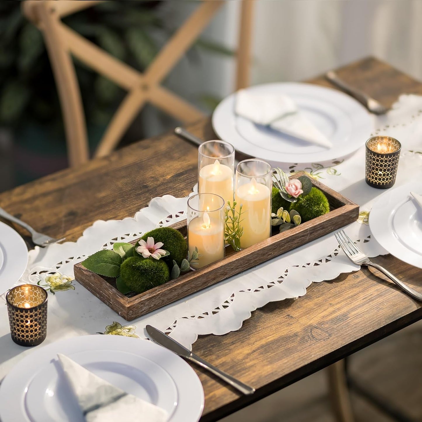 Romadedi Rustic Decorative Wood Candle Tray - 17" Wooden Long Narrow Tray Candle Holder, Farmhouse Small Trays for Coffee Table Centerpieces Dining Room Kitchen Countertop Home Decor, Brown