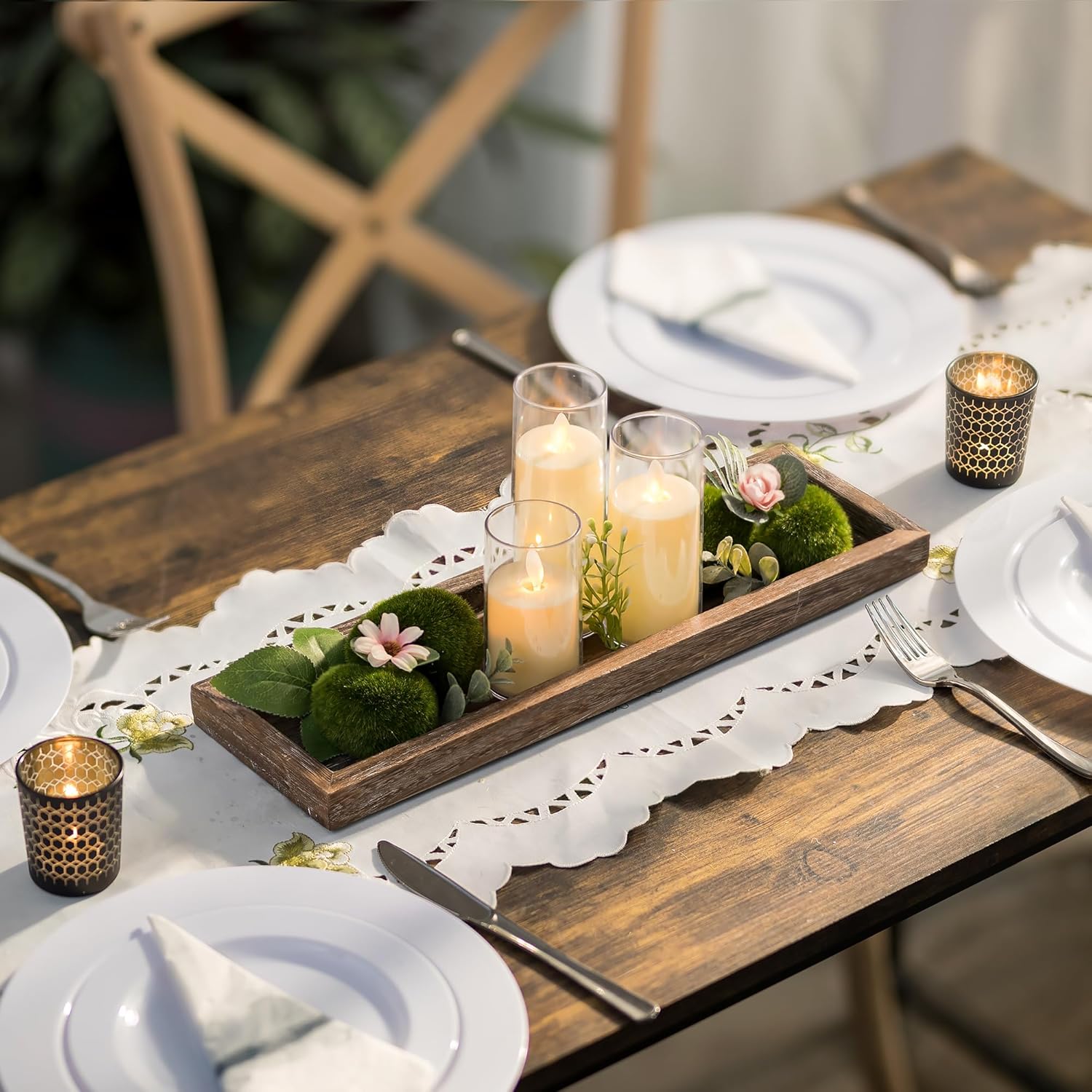 Romadedi Rustic Decorative Wood Candle Tray - 17" Wooden Long Narrow Tray Candle Holder, Farmhouse Small Trays for Coffee Table Centerpieces Dining Room Kitchen Countertop Home Decor, Brown