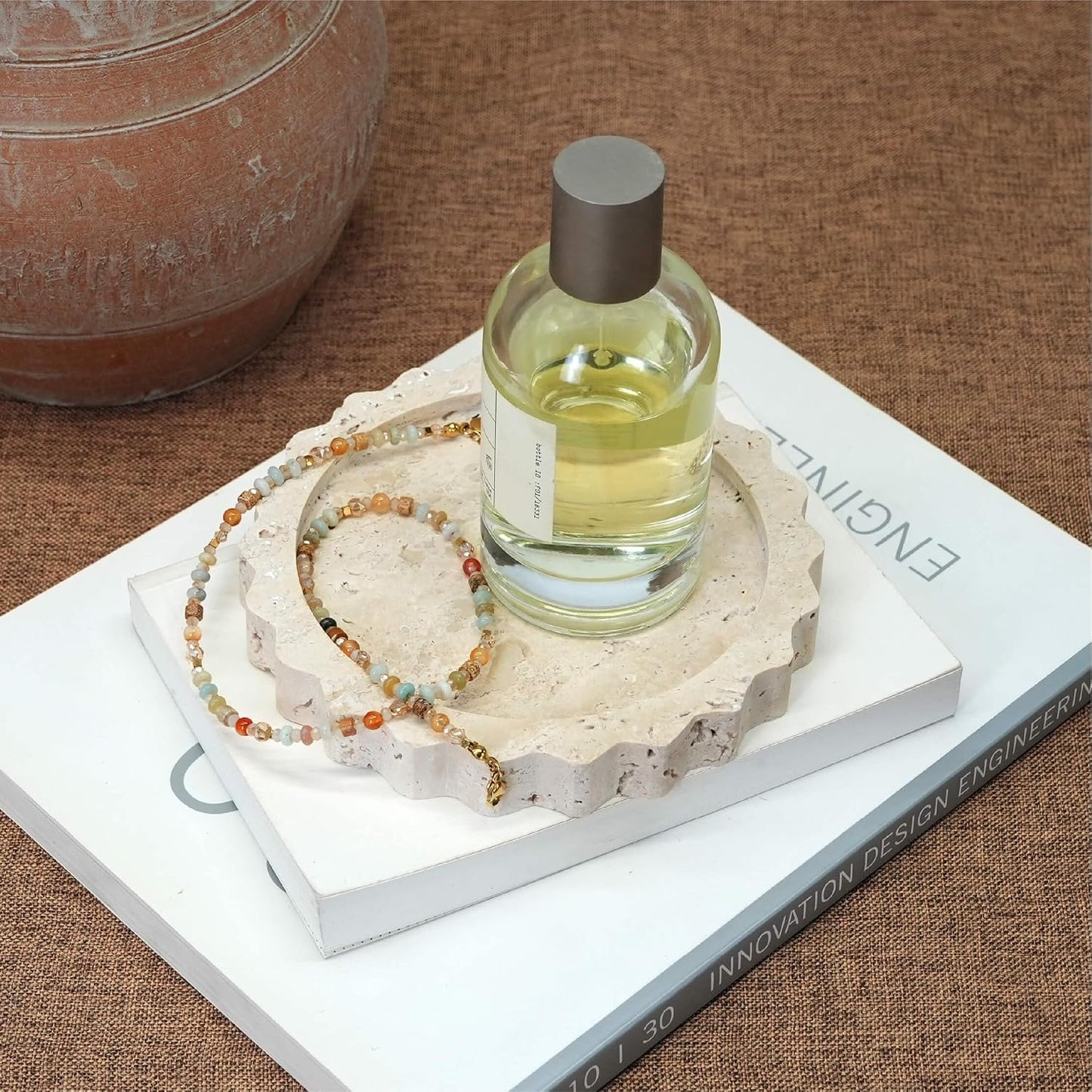5.5 Inch Small Scallop Edge Tray, Hand-Carved Natural Stone Jewelry Holder, Travertine & Marble Vanity Tray for Rings, Candles, or Keys (Travertine)