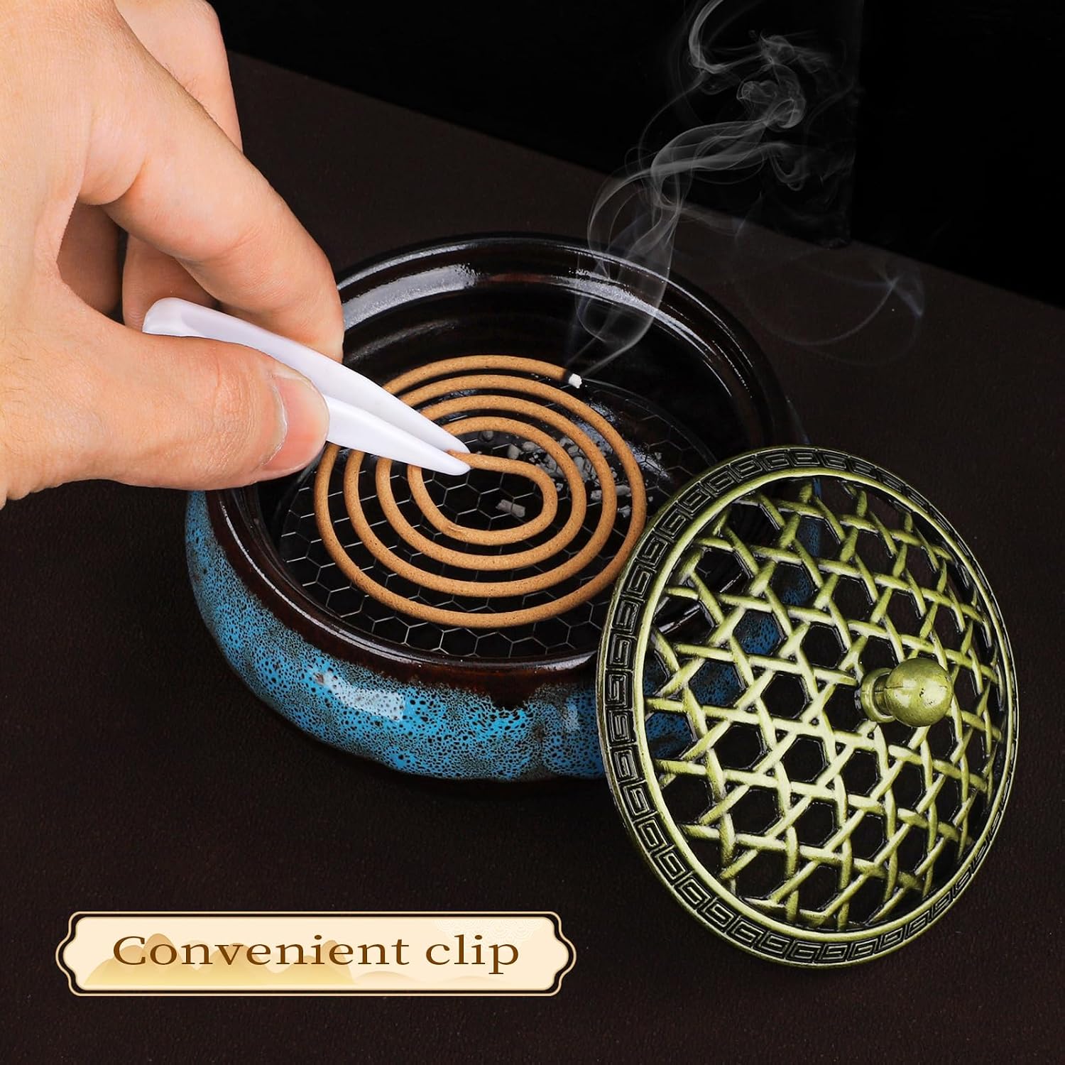 Ceramic Incense Burner for Cone and Backflow Incense, Metal Lid, Stainless Steel Incense Holder, Incense Bowl with Incense Cone Holder & Burner Holder (Fambe Blue)