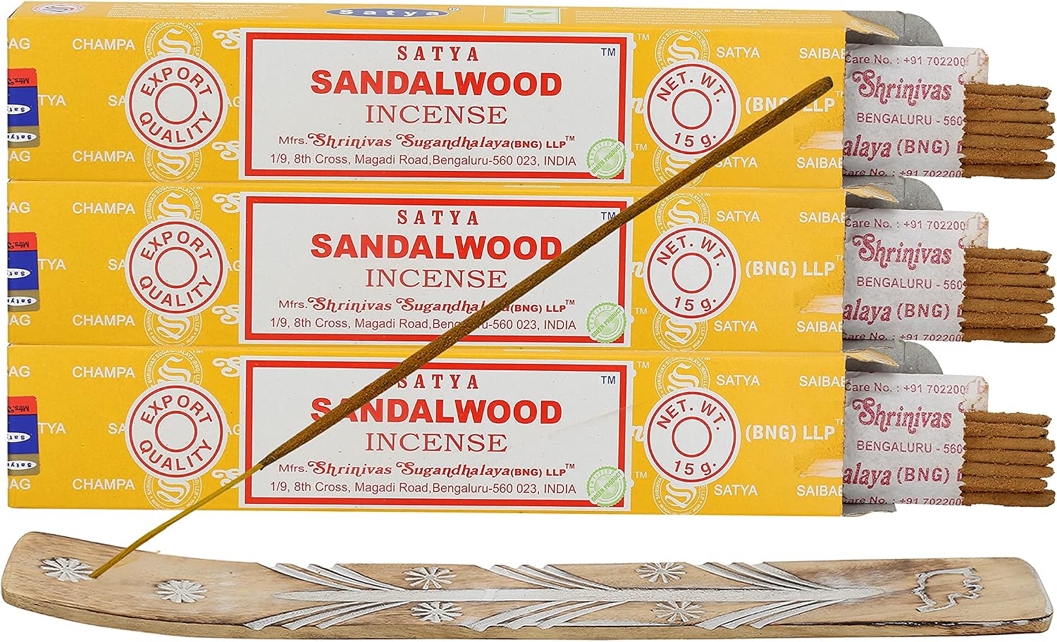 Satya Nagchampa Sandalwood Incense Sticks, Satya Bng (Bangalore) Insenses 15gmx3 Pack (45 GMS) with Raajsee Incense Holder Bundle, Satya Nagchampa Natural Incense