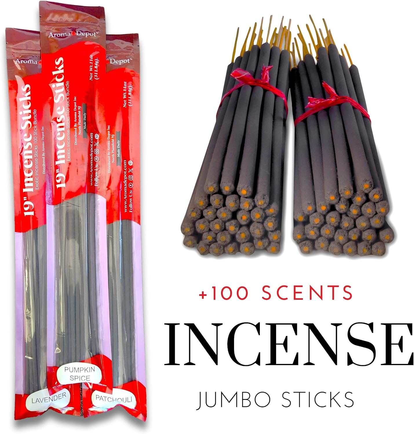 Aroma Depot Lavender 19'' Incense Sticks Jumbo. Approx 27 to 30 Sticks Per Bundle. 19 Inch Extra Large, Each Natural Stick Burns for 3 to 4 Hours. Most Exotic Long-Lasting Fragrance.